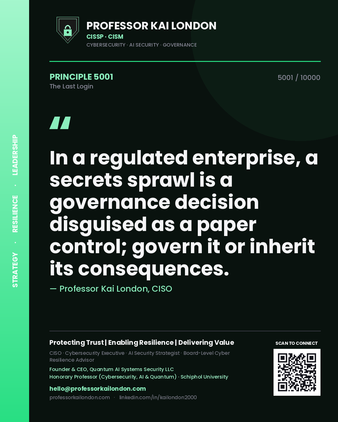 Quote card by Professor Kai London reading 'In a regulated enterprise, a secrets sprawl is a governance decision disguised as a paper control; govern it or inherit its consequences.'. From the book The Last Login.