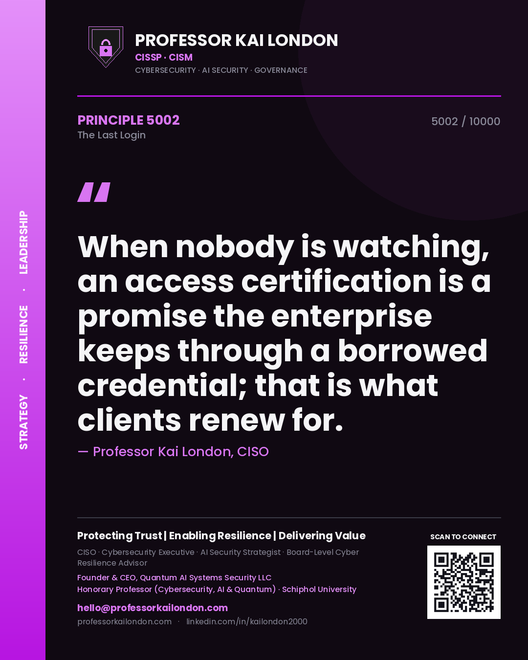 Quote card by Professor Kai London reading 'When nobody is watching, an access certification is a promise the enterprise keeps through a borrowed credential; that is what clients renew for.'. From the book The Last Login.