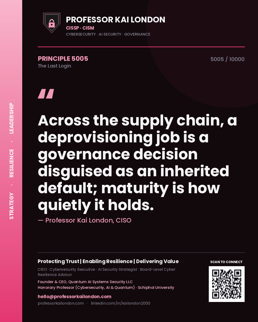 Quote card by Professor Kai London reading 'Across the supply chain, a deprovisioning job is a governance decision disguised as an inherited default; maturity is how quietly it holds.'. From the book The Last Login.