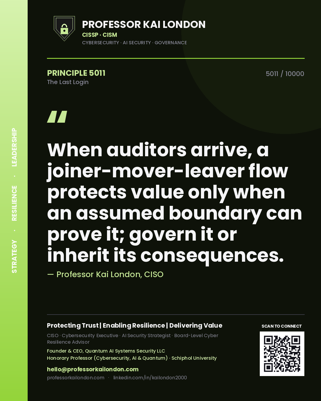 Professor Kai London principle 5011: When auditors arrive, a joiner-mover-leaver flow protects value only when an assumed boundary can prove it; govern it or inherit its consequences.