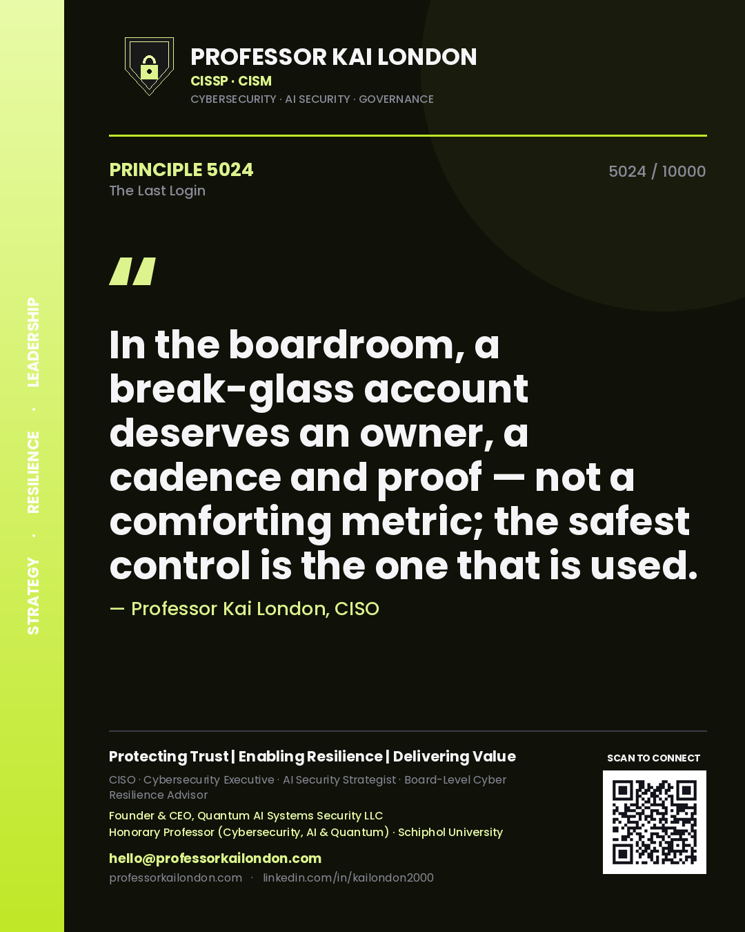 Quote card by Professor Kai London reading 'In the boardroom, a break-glass account deserves an owner, a cadence and proof — not a comforting metric; the safest control is the one that is used.'. From the book The Last Login.