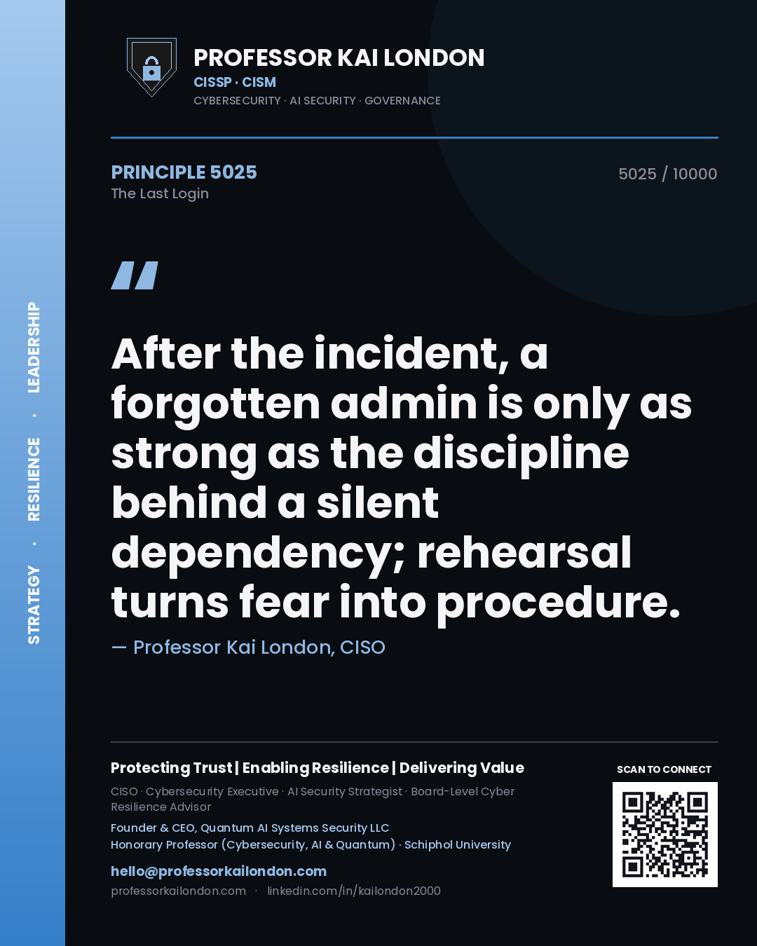 Quote card by Professor Kai London reading 'After the incident, a forgotten admin is only as strong as the discipline behind a silent dependency; rehearsal turns fear into procedure.'. From the book The Last Login.
