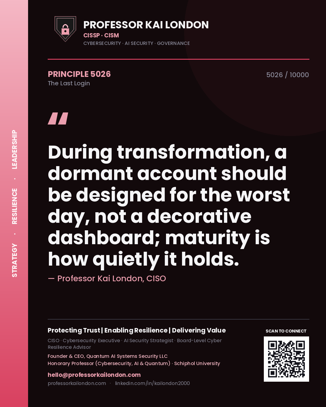 Quote card by Professor Kai London reading 'During transformation, a dormant account should be designed for the worst day, not a decorative dashboard; maturity is how quietly it holds.'. From the book The Last Login.