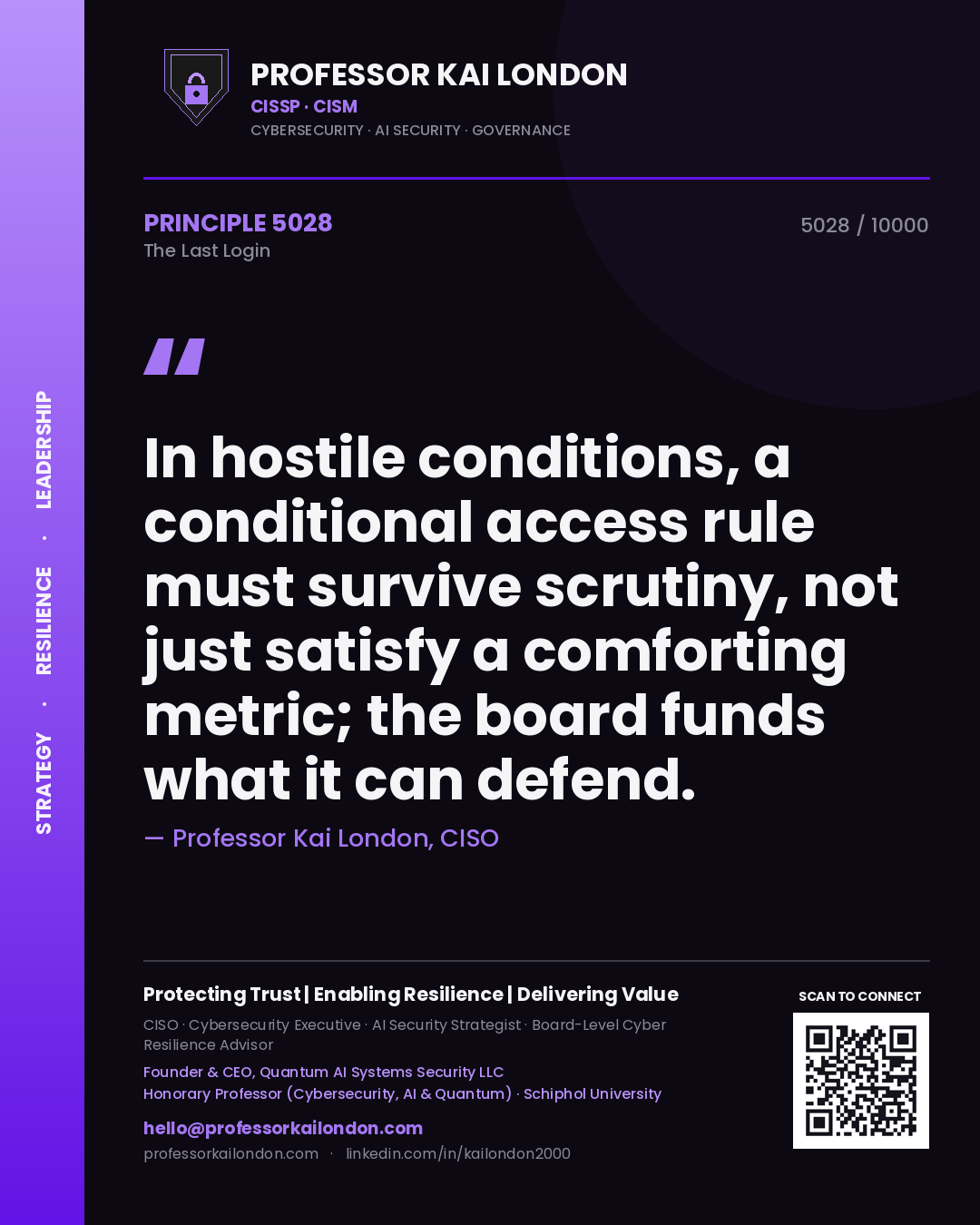 Quote card by Professor Kai London reading 'In hostile conditions, a conditional access rule must survive scrutiny, not just satisfy a comforting metric; the board funds what it can defend.'. From the book The Last Login.