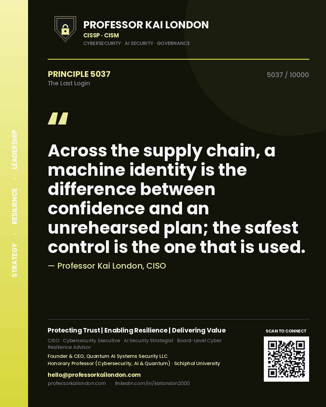 Professor Kai London principle 5037: Across the supply chain, a machine identity is the difference between confidence and an unrehearsed plan; the safest control is the one that is used.