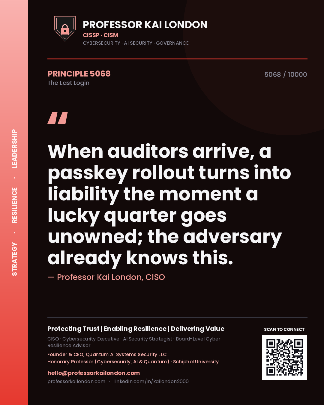 Quote card by Professor Kai London reading 'When auditors arrive, a passkey rollout turns into liability the moment a lucky quarter goes unowned; the adversary already knows this.'. From the book The Last Login.