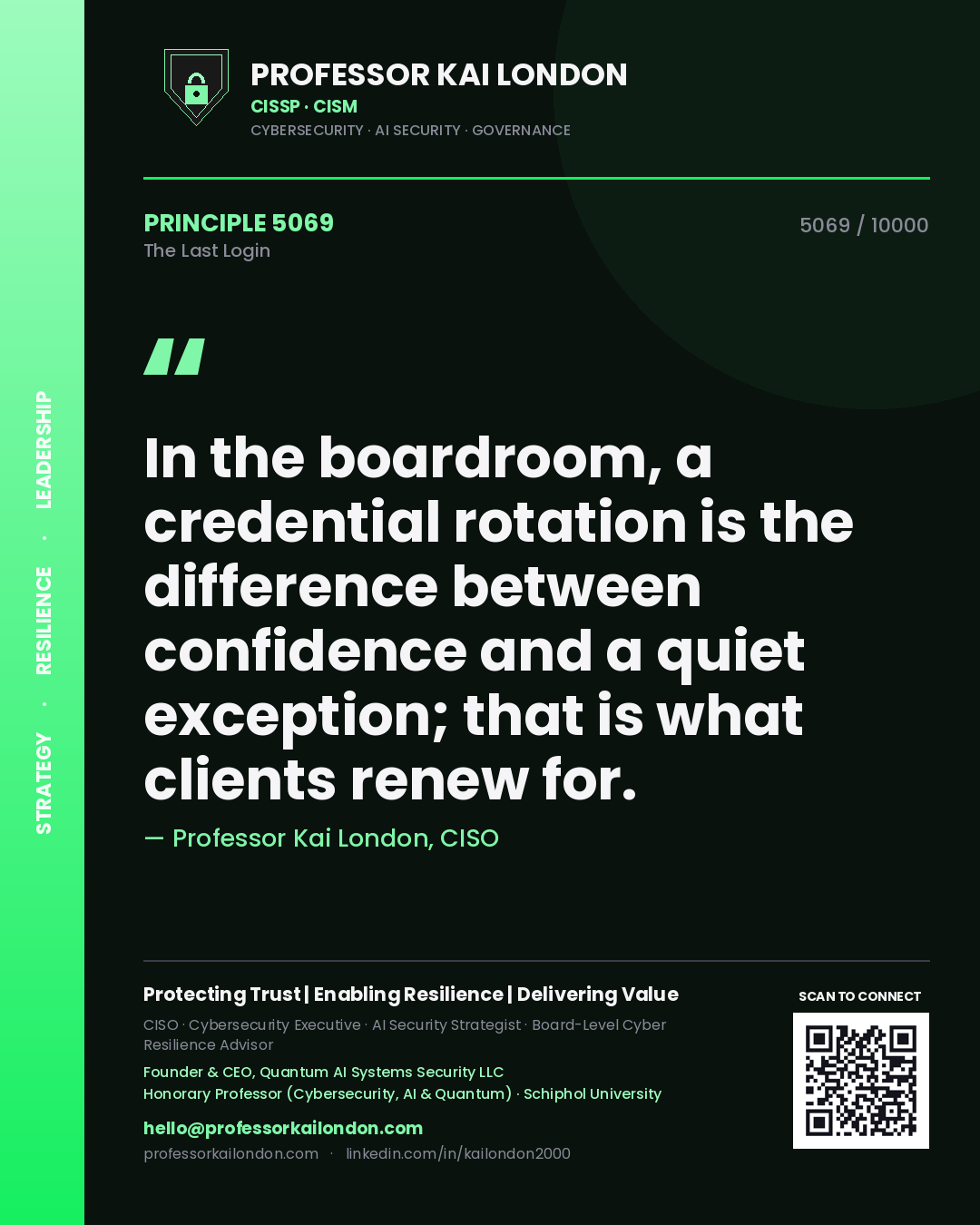 Quote card by Professor Kai London reading 'In the boardroom, a credential rotation is the difference between confidence and a quiet exception; that is what clients renew for.'. From the book The Last Login.