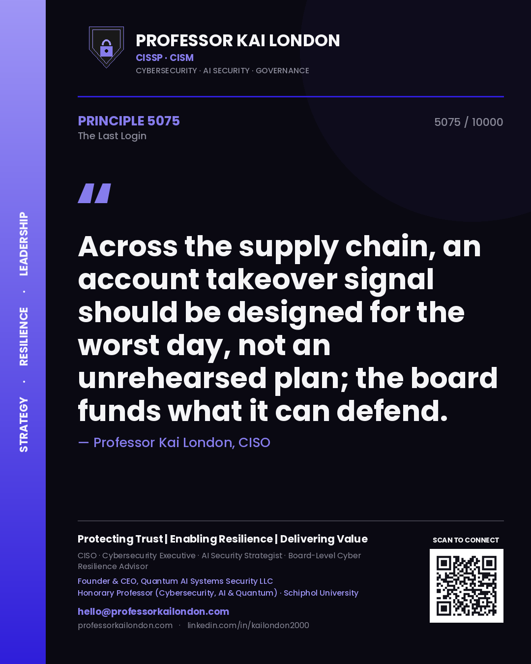 Professor Kai London principle 5075: Across the supply chain, an account takeover signal should be designed for the worst day, not an unrehearsed plan; the board funds what it can defend.