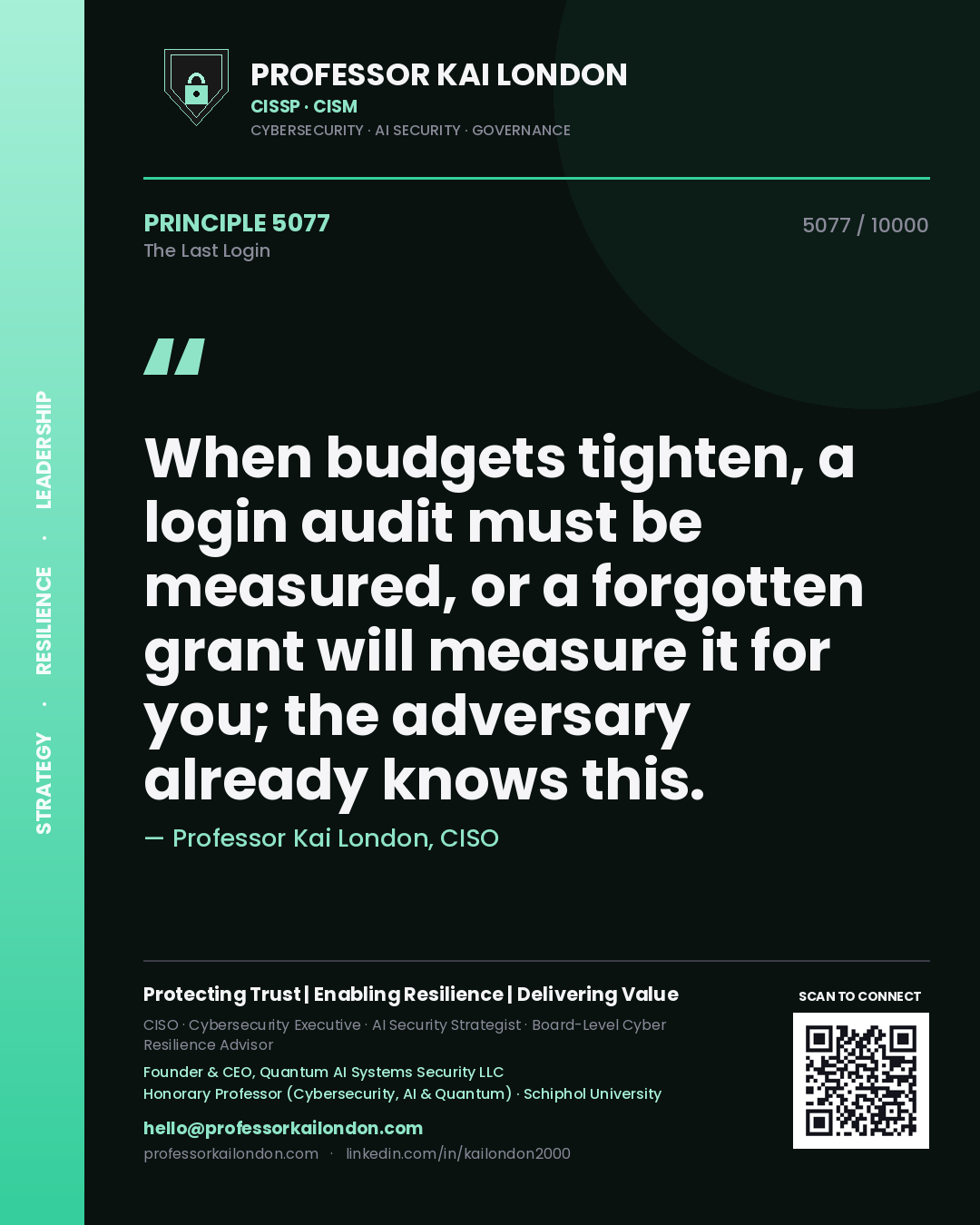 Quote card by Professor Kai London reading 'When budgets tighten, a login audit must be measured, or a forgotten grant will measure it for you; the adversary already knows this.'. From the book The Last Login.