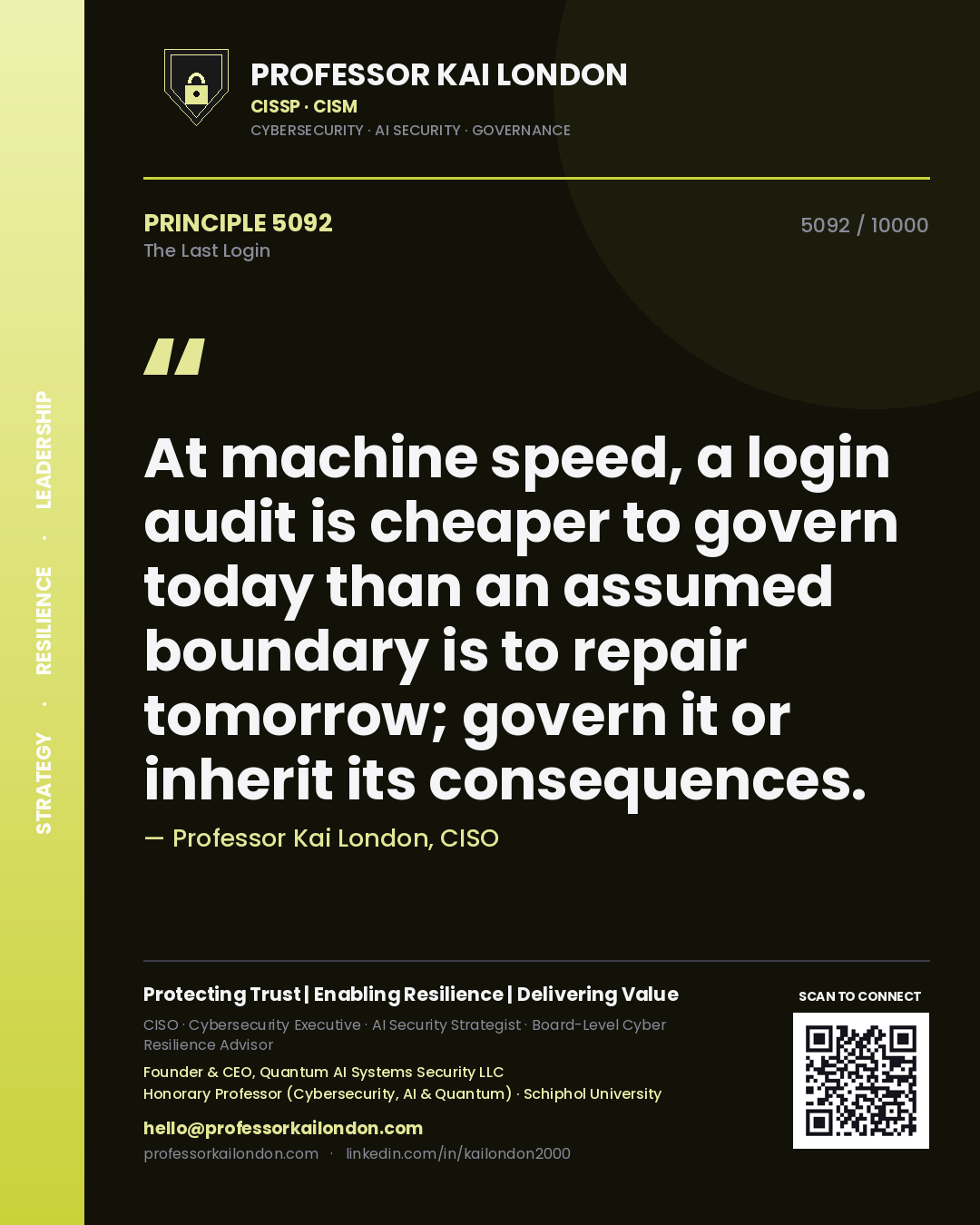 Quote card by Professor Kai London reading 'At machine speed, a login audit is cheaper to govern today than an assumed boundary is to repair tomorrow; govern it or inherit its consequences.'. From the book The Last Login.