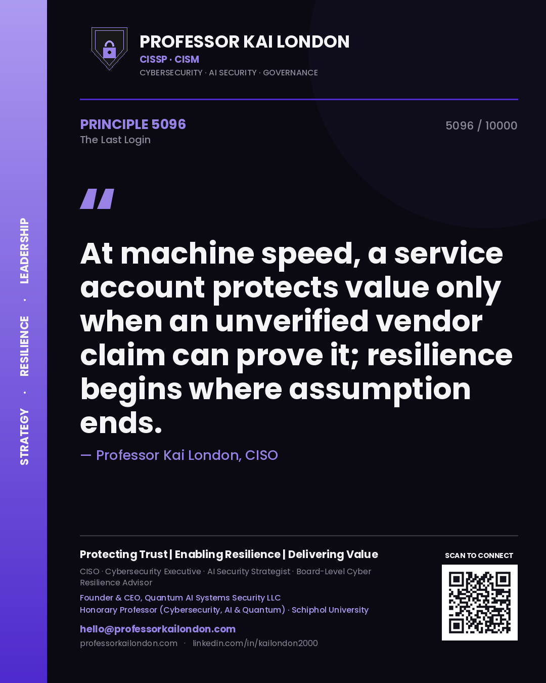 Quote card by Professor Kai London reading 'At machine speed, a service account protects value only when an unverified vendor claim can prove it; resilience begins where assumption ends.'. From the book The Last Login.
