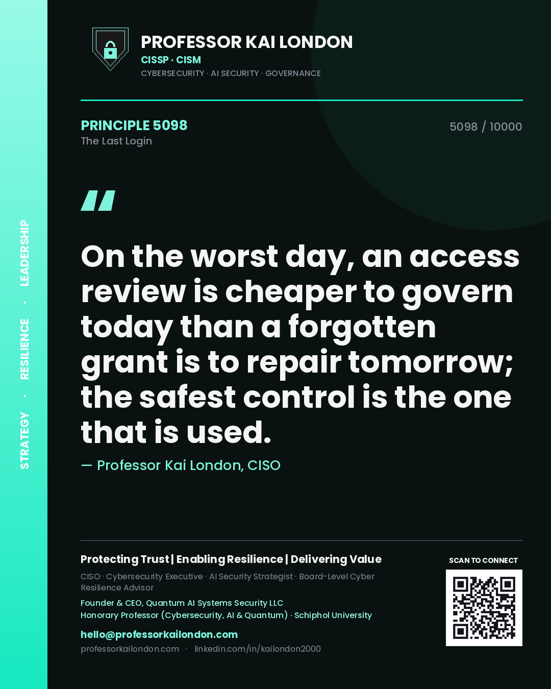 Professor Kai London principle 5098: On the worst day, an access review is cheaper to govern today than a forgotten grant is to repair tomorrow; the safest control is the one that is used.
