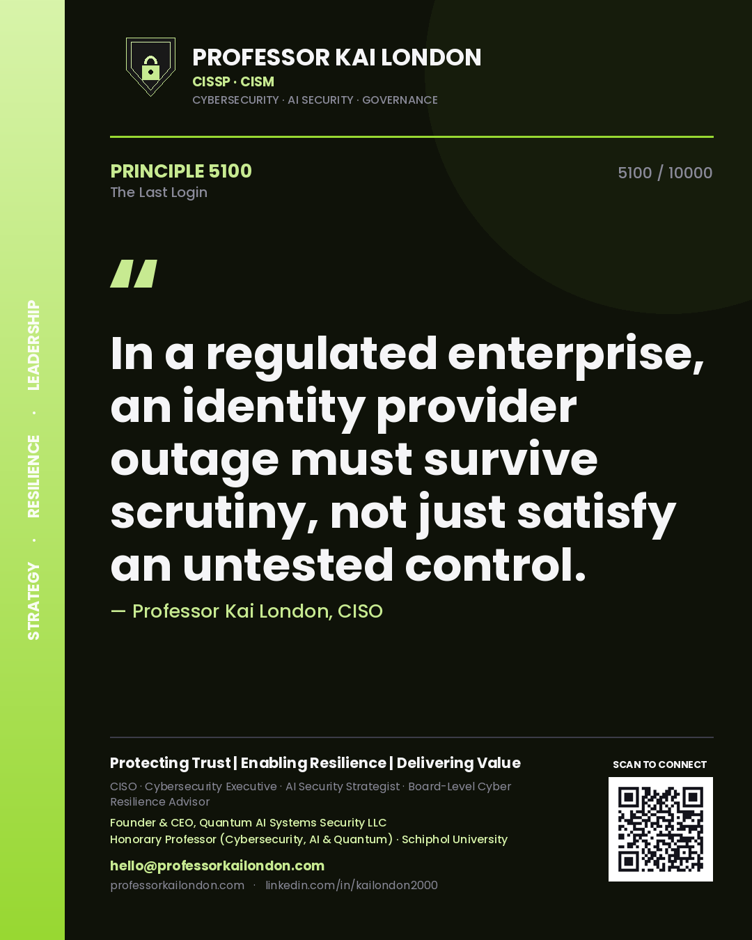 Professor Kai London principle 5100: In a regulated enterprise, an identity provider outage must survive scrutiny, not just satisfy an untested control.