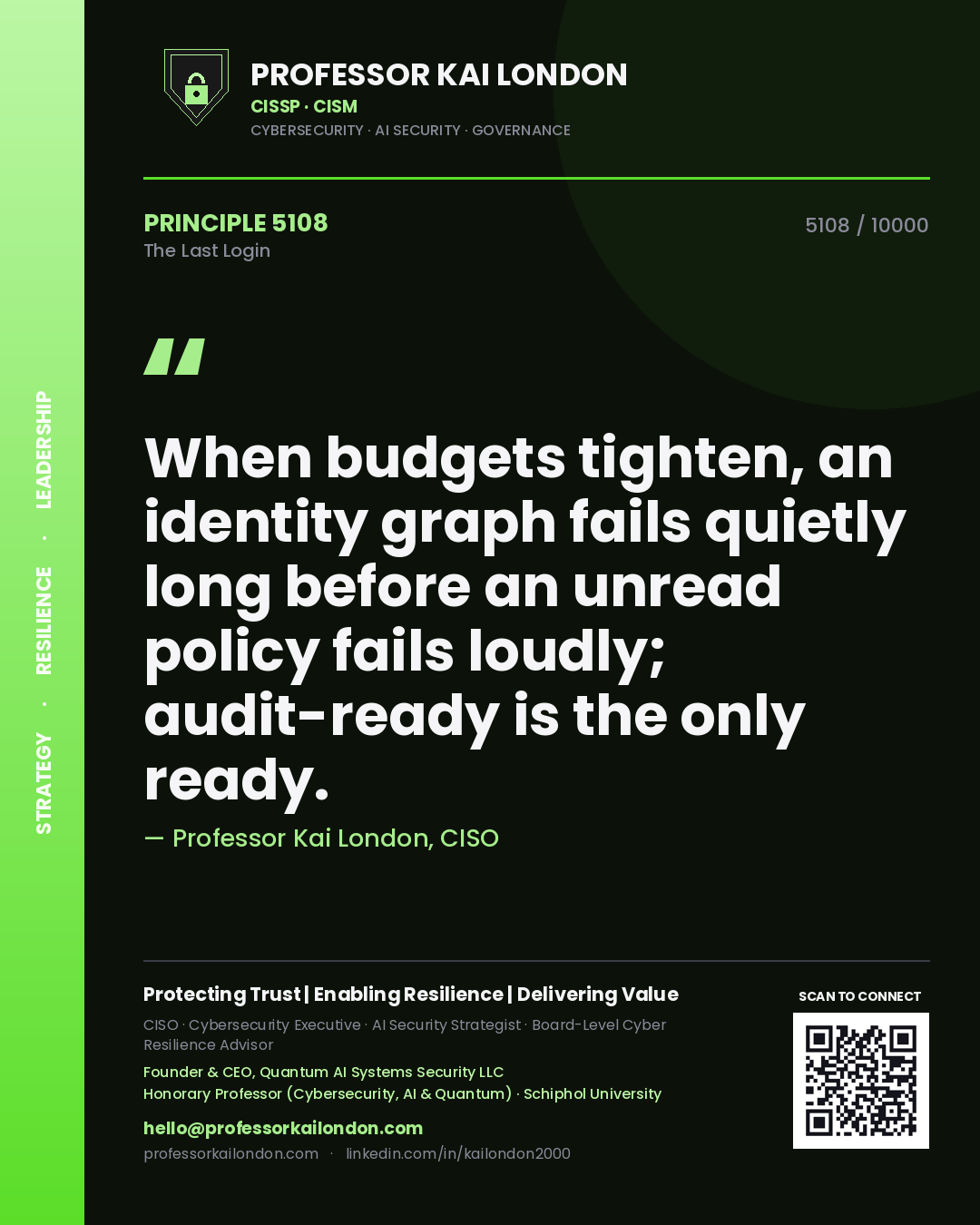 Professor Kai London principle 5108: When budgets tighten, an identity graph fails quietly long before an unread policy fails loudly; audit-ready is the only ready.