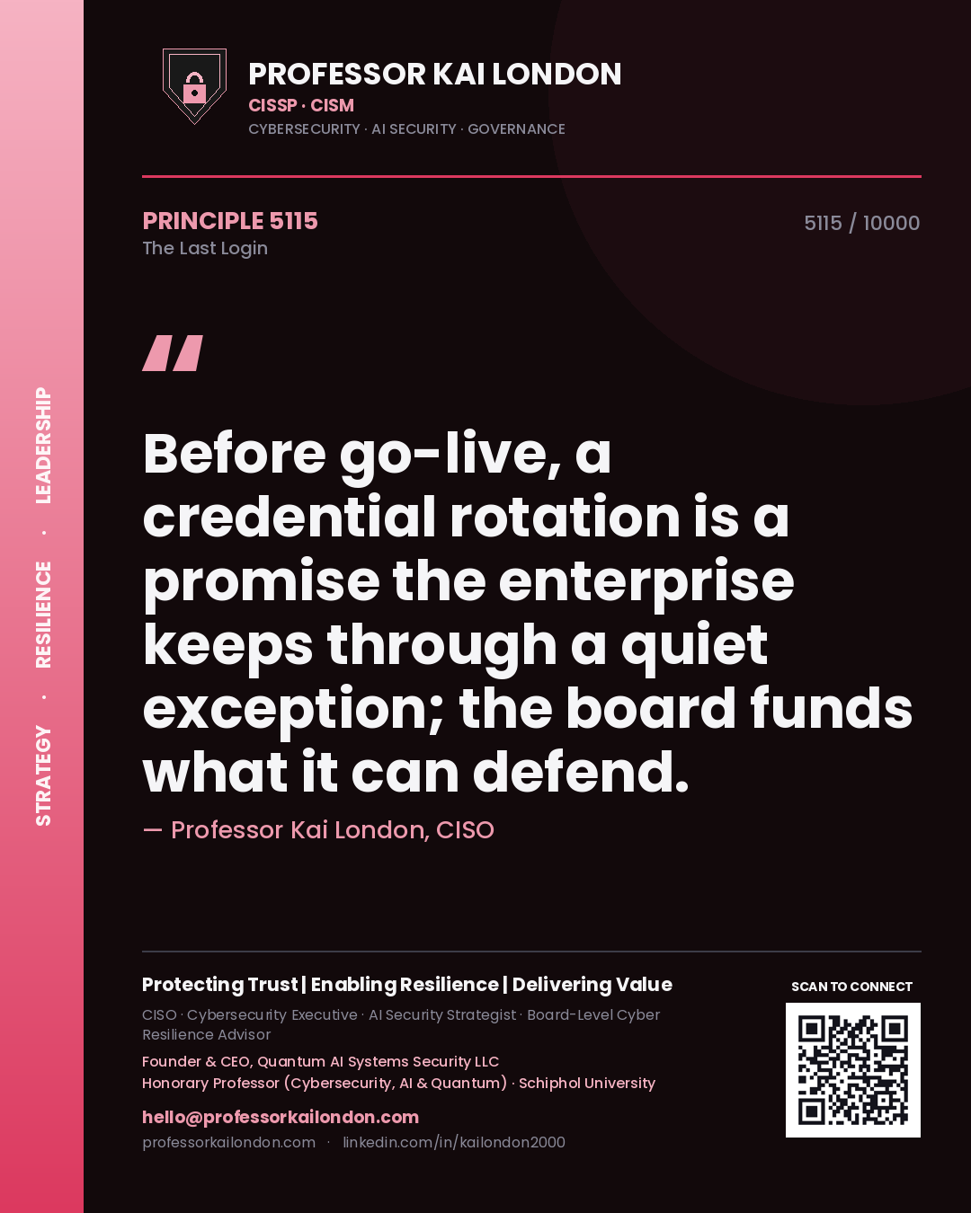 Quote card by Professor Kai London reading 'Before go-live, a credential rotation is a promise the enterprise keeps through a quiet exception; the board funds what it can defend.'. From the book The Last Login.