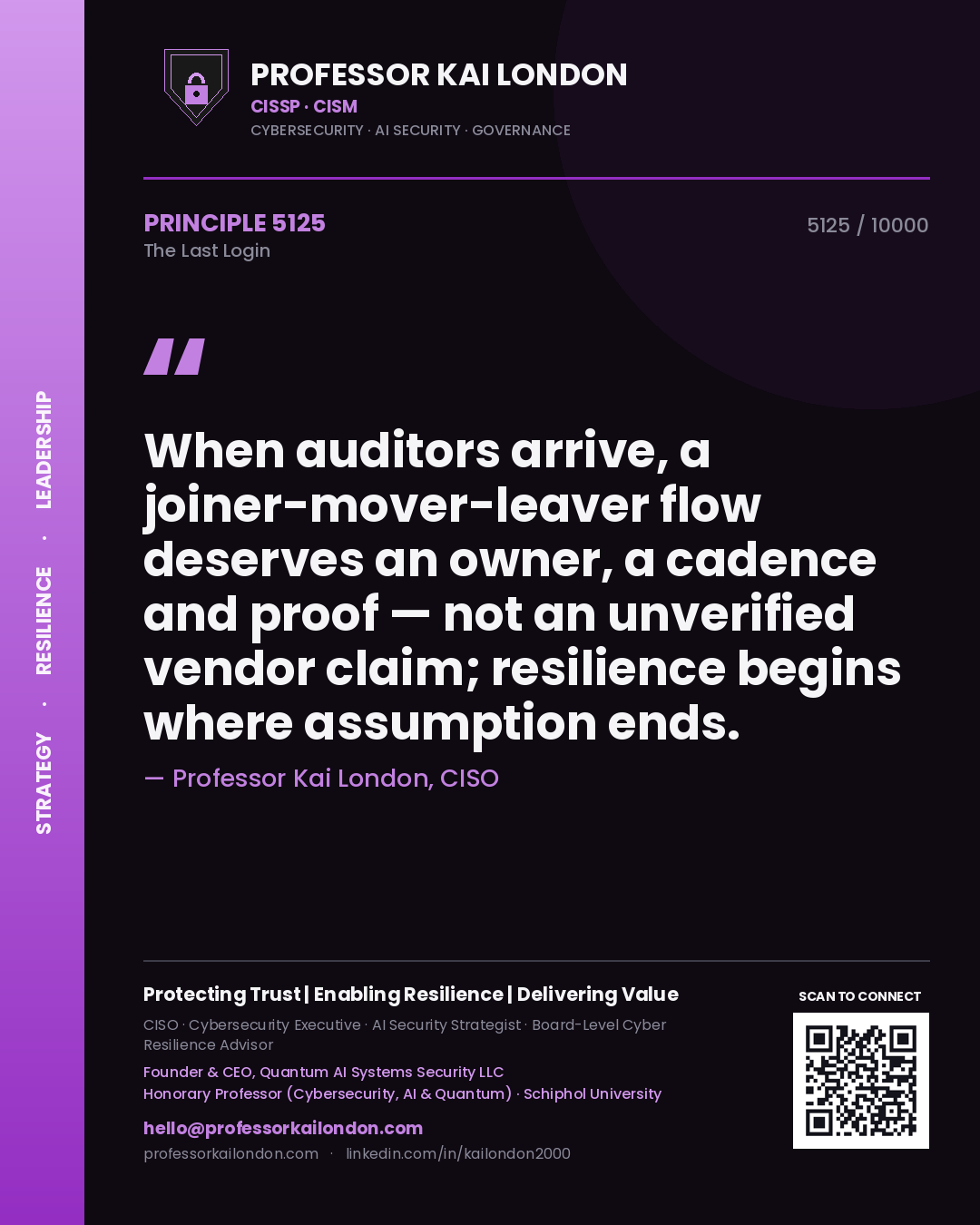 Quote card by Professor Kai London reading 'When auditors arrive, a joiner-mover-leaver flow deserves an owner, a cadence and proof — not an unverified vendor claim; resilience begins where assumption ends.'. From the book The Last Login.