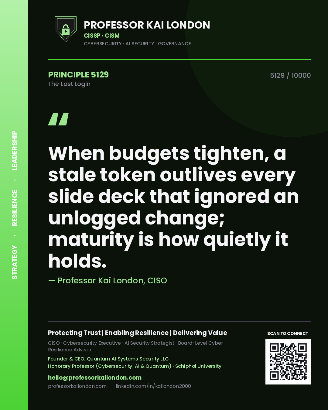 Professor Kai London principle 5129: When budgets tighten, a stale token outlives every slide deck that ignored an unlogged change; maturity is how quietly it holds.