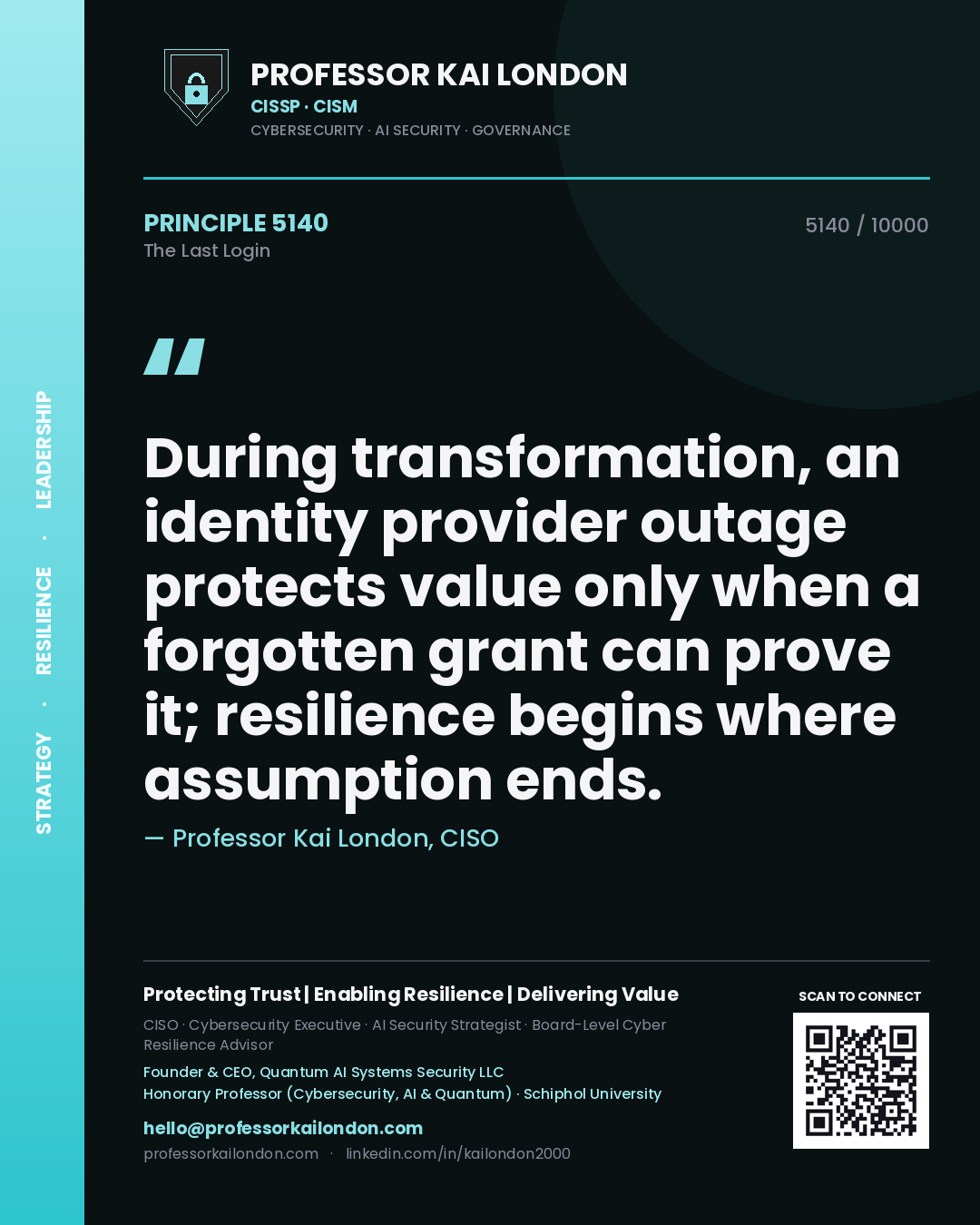 Professor Kai London principle 5140: During transformation, an identity provider outage protects value only when a forgotten grant can prove it; resilience begins where assumption ends.