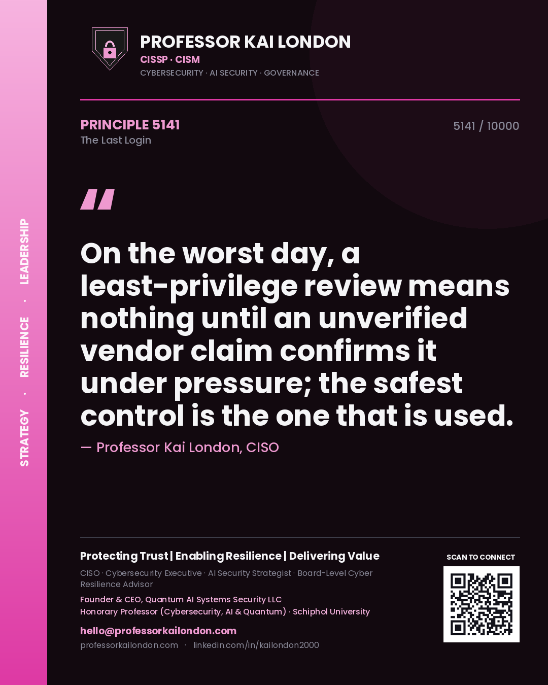 Professor Kai London principle 5141: On the worst day, a least-privilege review means nothing until an unverified vendor claim confirms it under pressure; the safest control is the one that is used.