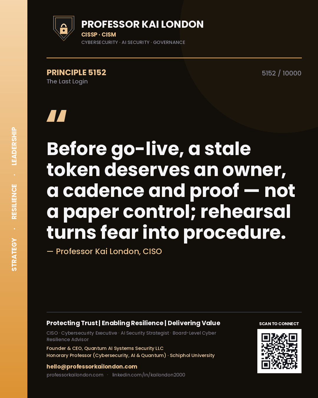 Professor Kai London principle 5152: Before go-live, a stale token deserves an owner, a cadence and proof — not a paper control; rehearsal turns fear into procedure.