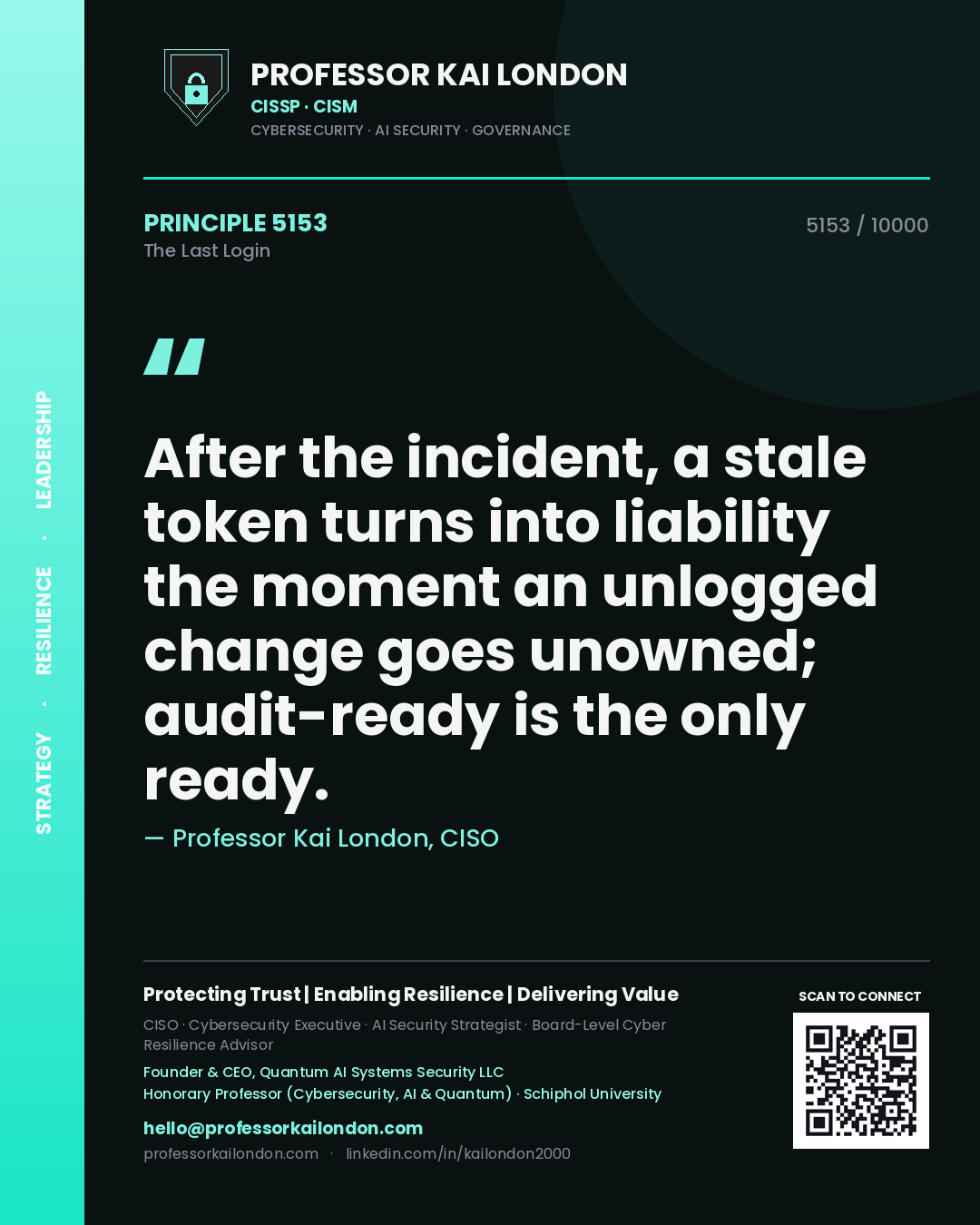 Quote card by Professor Kai London reading 'After the incident, a stale token turns into liability the moment an unlogged change goes unowned; audit-ready is the only ready.'. From the book The Last Login.