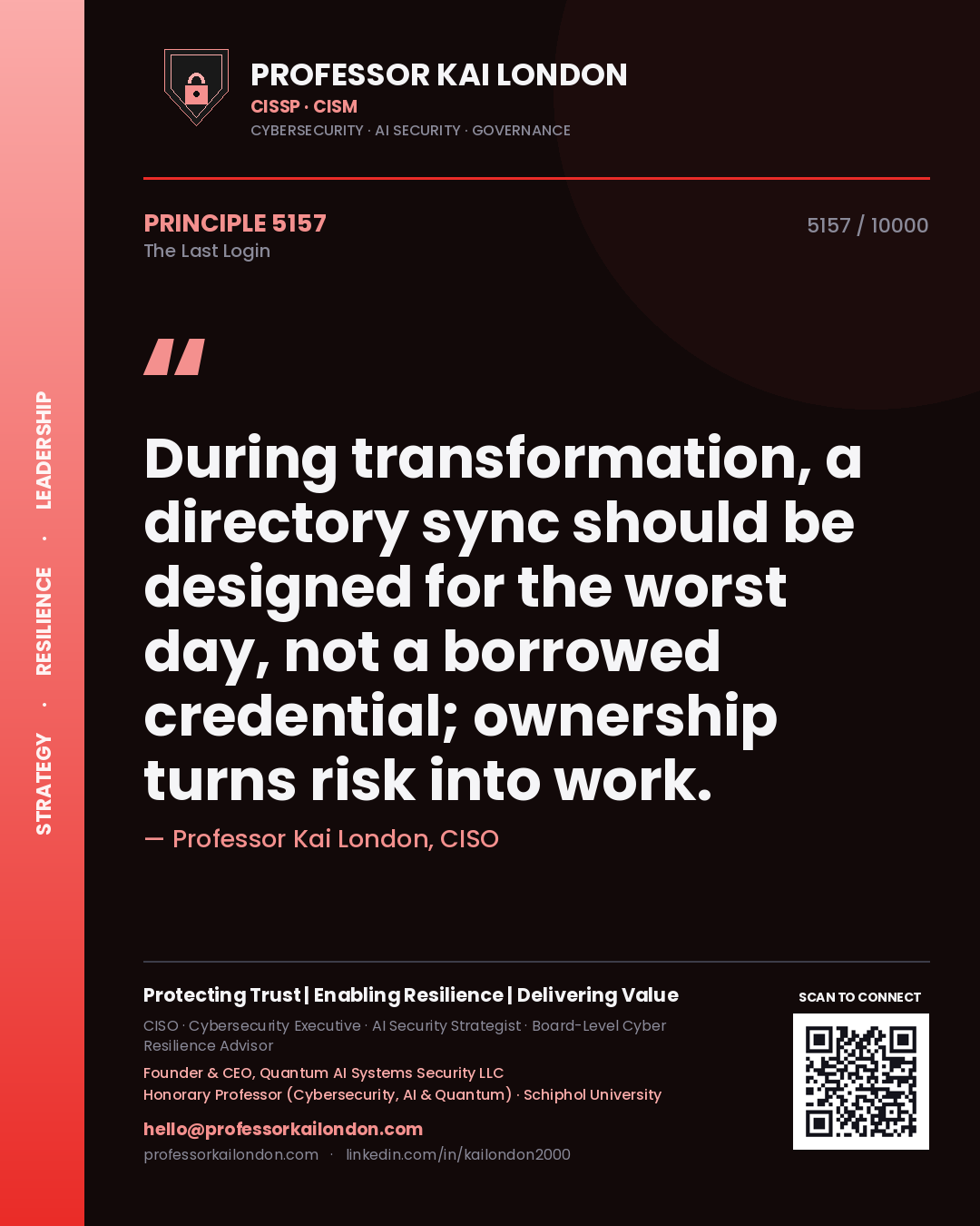 Professor Kai London principle 5157: During transformation, a directory sync should be designed for the worst day, not a borrowed credential; ownership turns risk into work.
