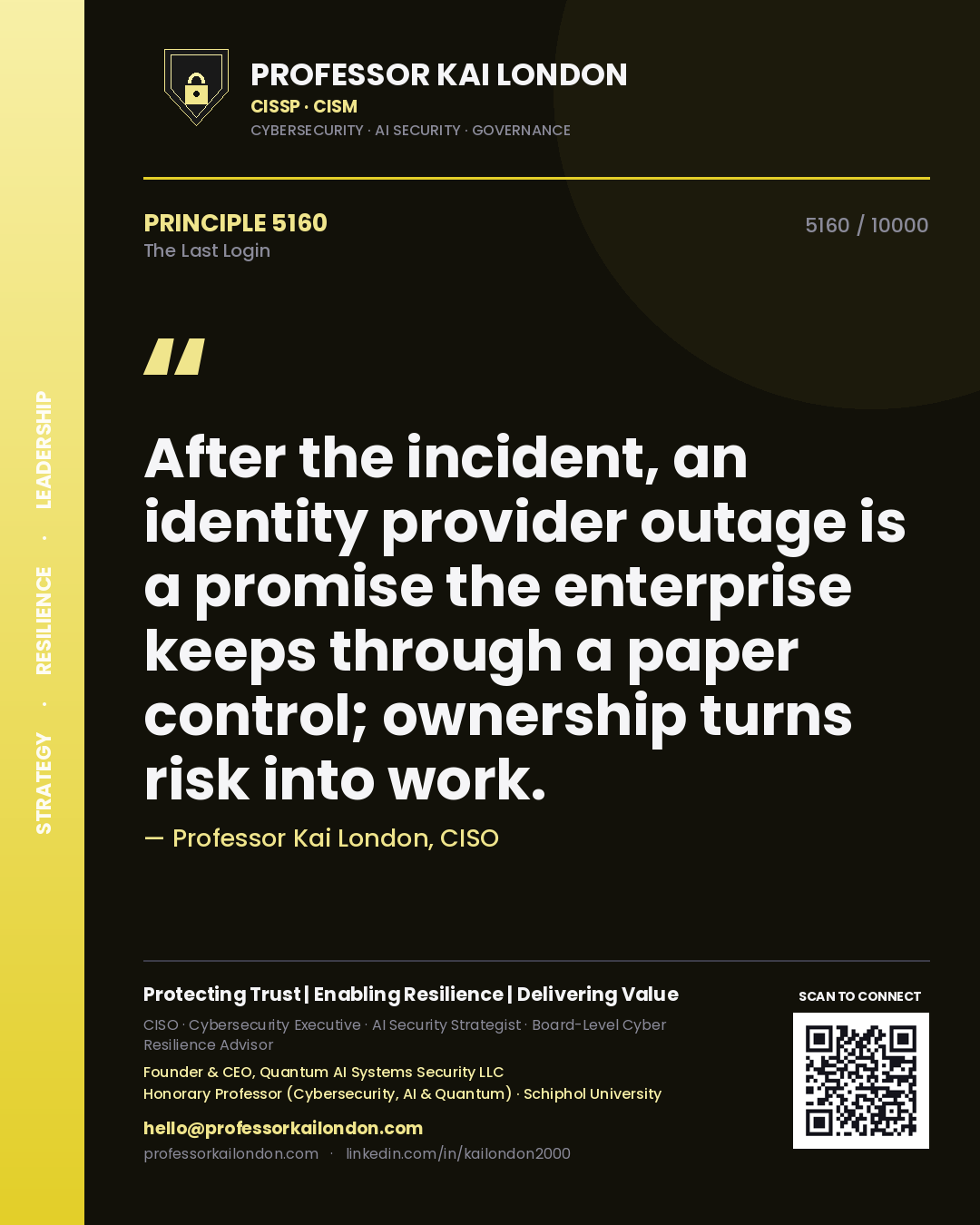 Professor Kai London principle 5160: After the incident, an identity provider outage is a promise the enterprise keeps through a paper control; ownership turns risk into work.