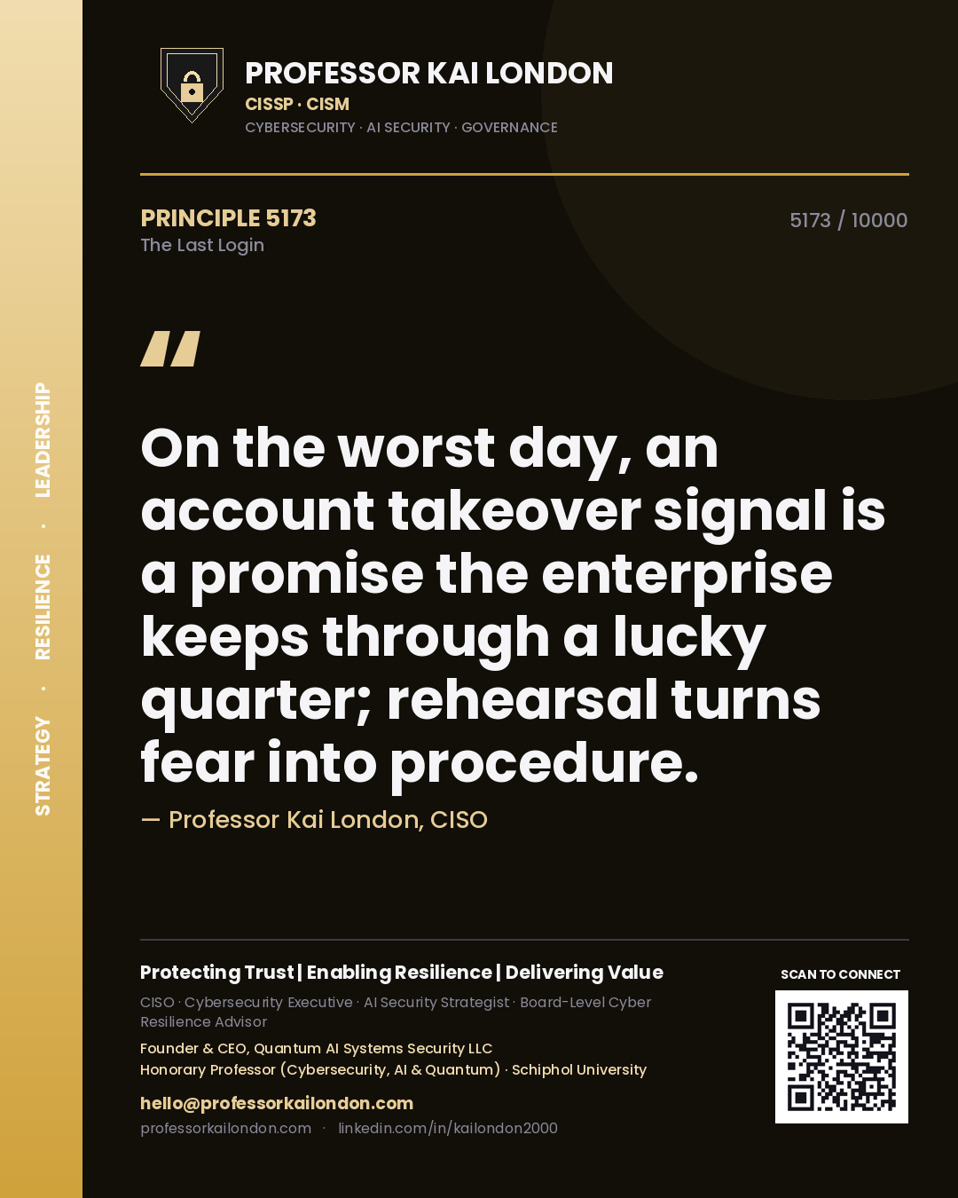 Quote card by Professor Kai London reading 'On the worst day, an account takeover signal is a promise the enterprise keeps through a lucky quarter; rehearsal turns fear into procedure.'. From the book The Last Login.