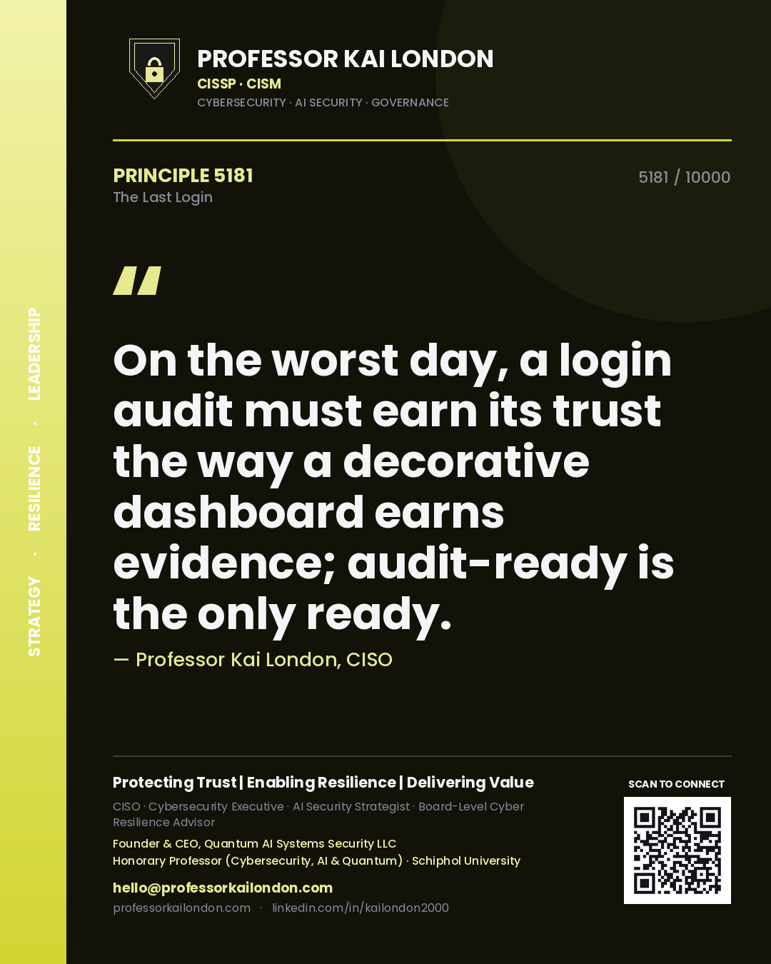 Quote card by Professor Kai London reading 'On the worst day, a login audit must earn its trust the way a decorative dashboard earns evidence; audit-ready is the only ready.'. From the book The Last Login.