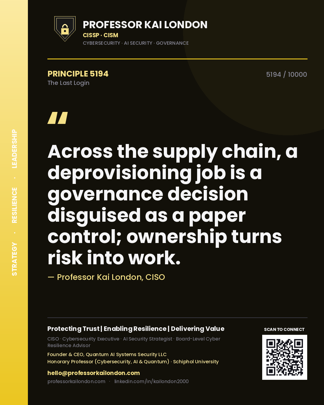 Professor Kai London principle 5194: Across the supply chain, a deprovisioning job is a governance decision disguised as a paper control; ownership turns risk into work.