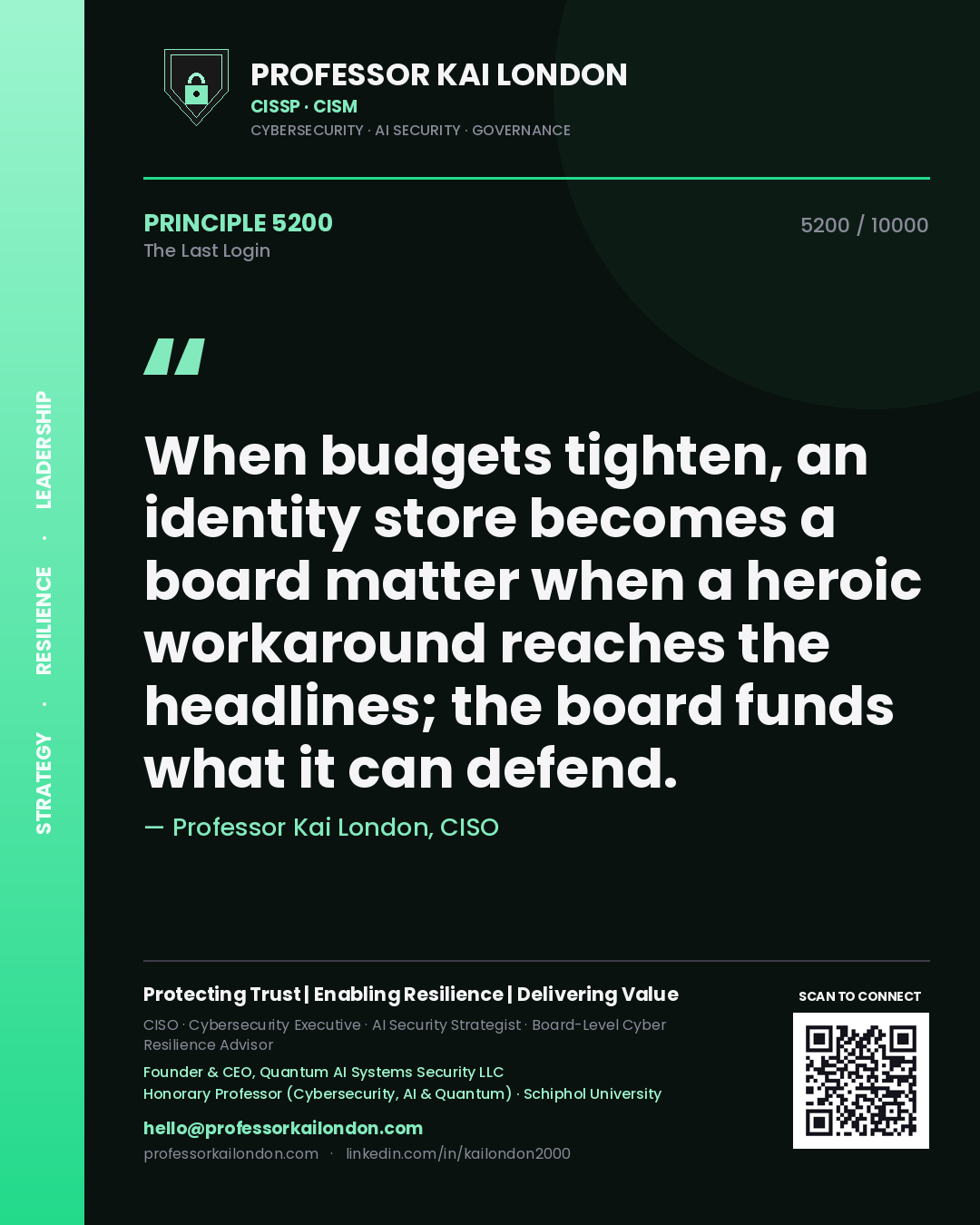 Professor Kai London principle 5200: When budgets tighten, an identity store becomes a board matter when a heroic workaround reaches the headlines; the board funds what it can defend.