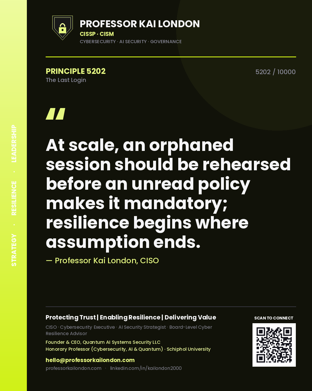 Professor Kai London principle 5202: At scale, an orphaned session should be rehearsed before an unread policy makes it mandatory; resilience begins where assumption ends.
