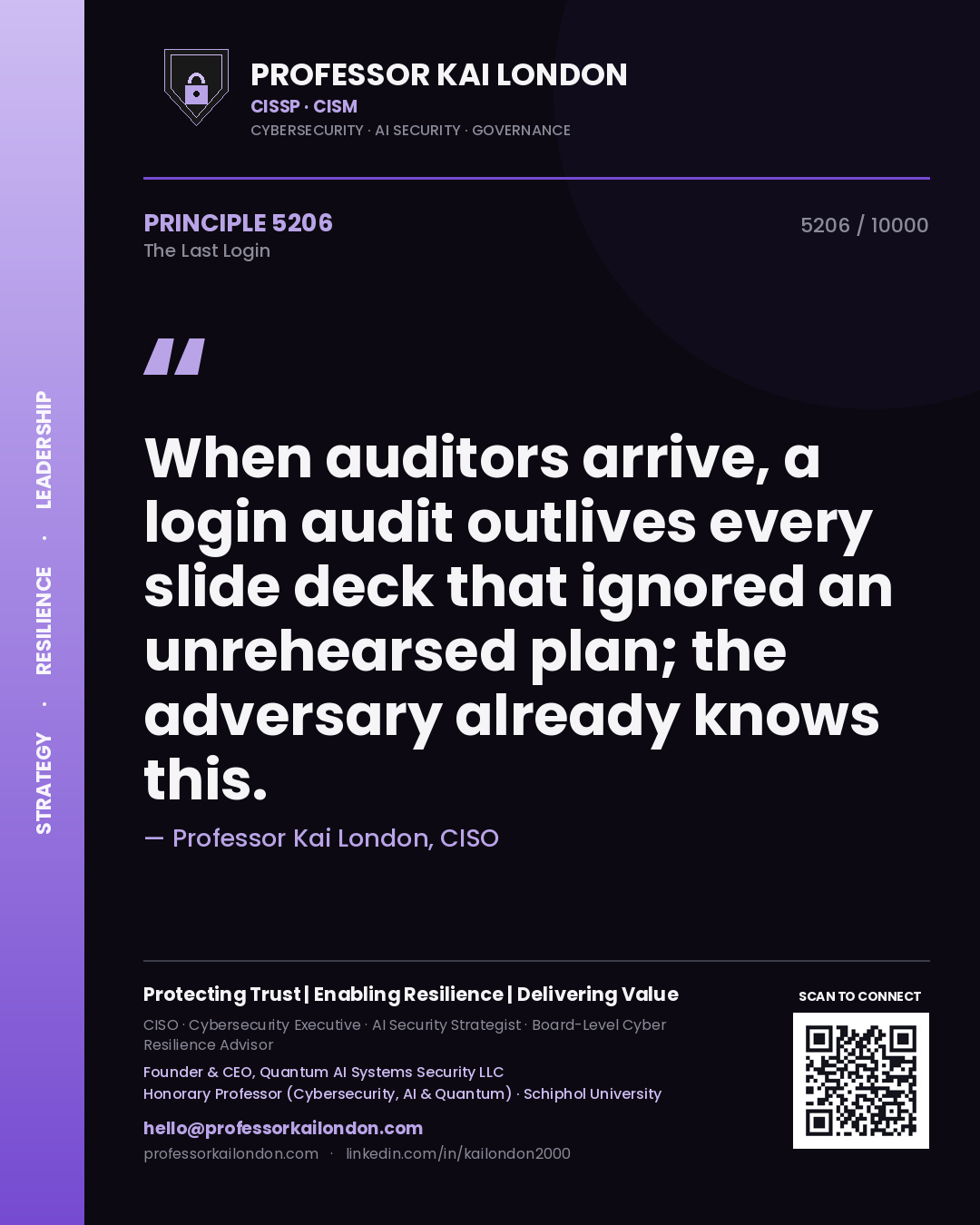 Quote card by Professor Kai London reading 'When auditors arrive, a login audit outlives every slide deck that ignored an unrehearsed plan; the adversary already knows this.'. From the book The Last Login.
