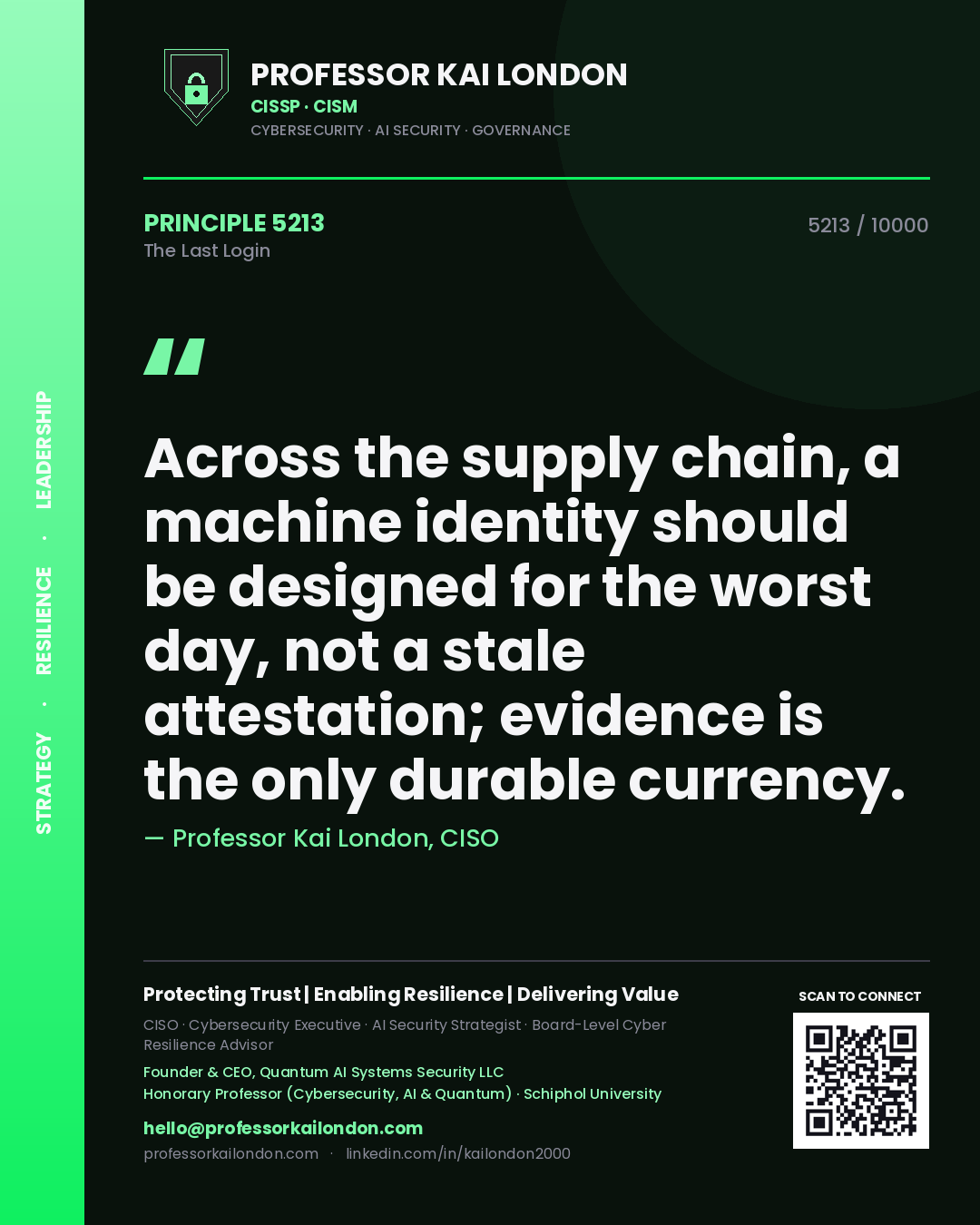Professor Kai London principle 5213: Across the supply chain, a machine identity should be designed for the worst day, not a stale attestation; evidence is the only durable currency.