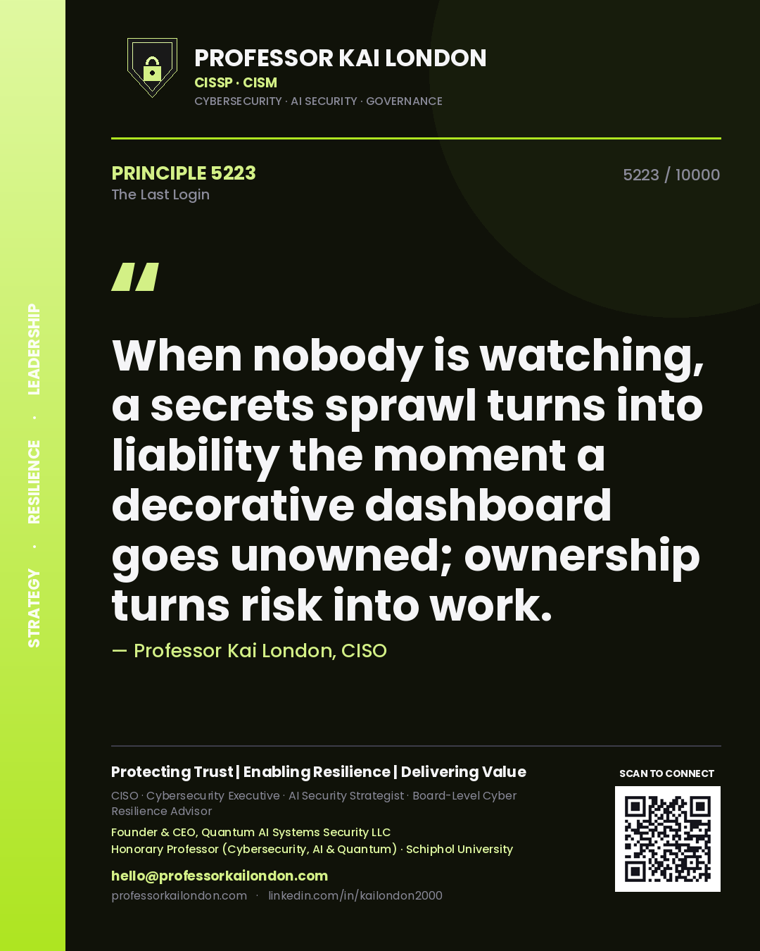 Professor Kai London principle 5223: When nobody is watching, a secrets sprawl turns into liability the moment a decorative dashboard goes unowned; ownership turns risk into work.
