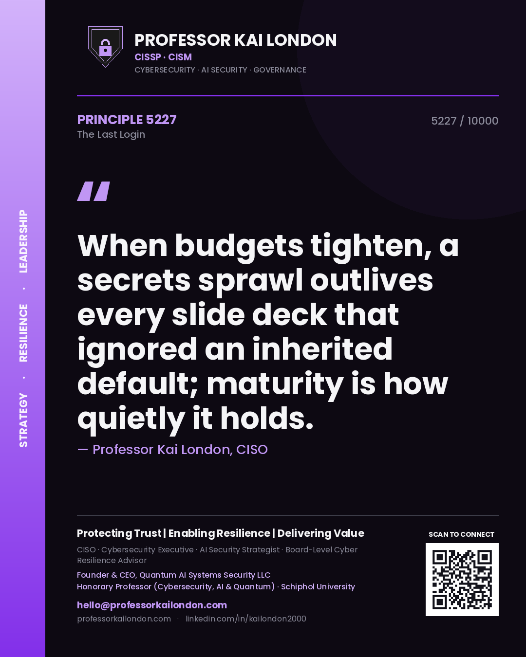 Quote card by Professor Kai London reading 'When budgets tighten, a secrets sprawl outlives every slide deck that ignored an inherited default; maturity is how quietly it holds.'. From the book The Last Login.