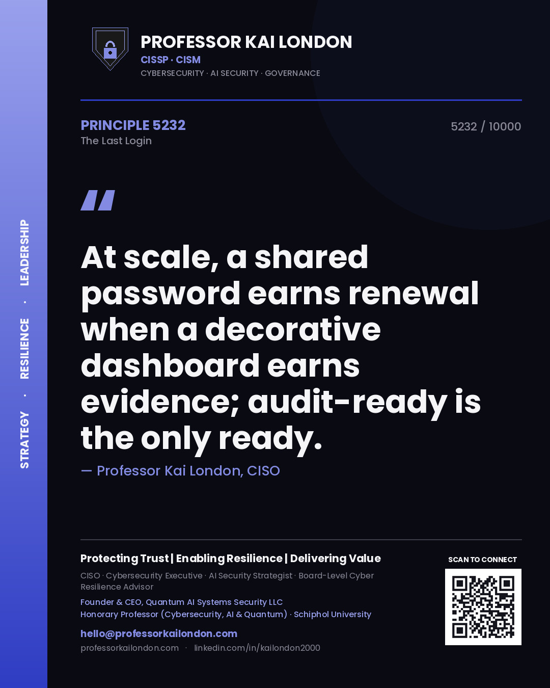 Professor Kai London principle 5232: At scale, a shared password earns renewal when a decorative dashboard earns evidence; audit-ready is the only ready.