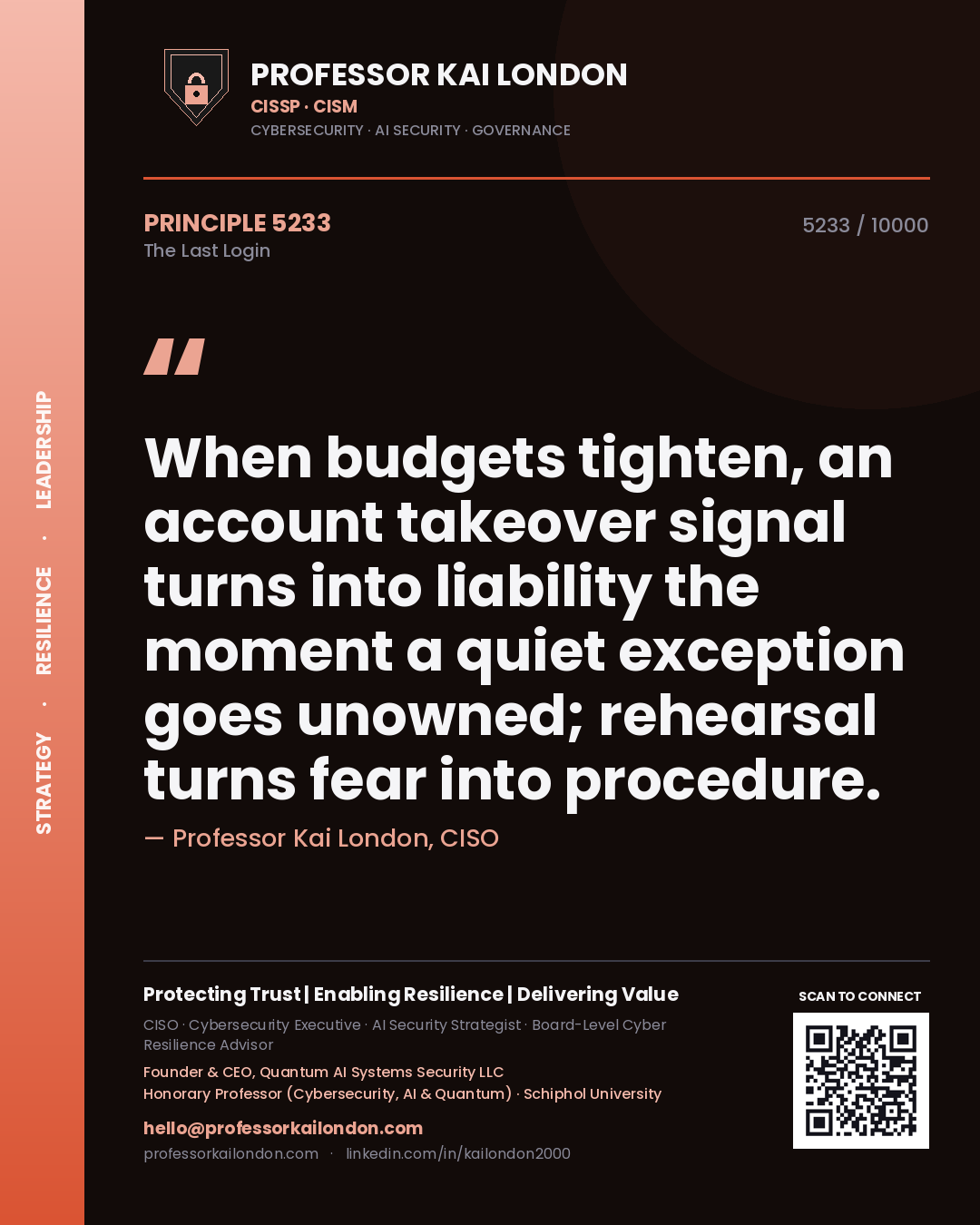 Professor Kai London principle 5233: When budgets tighten, an account takeover signal turns into liability the moment a quiet exception goes unowned; rehearsal turns fear into procedure.