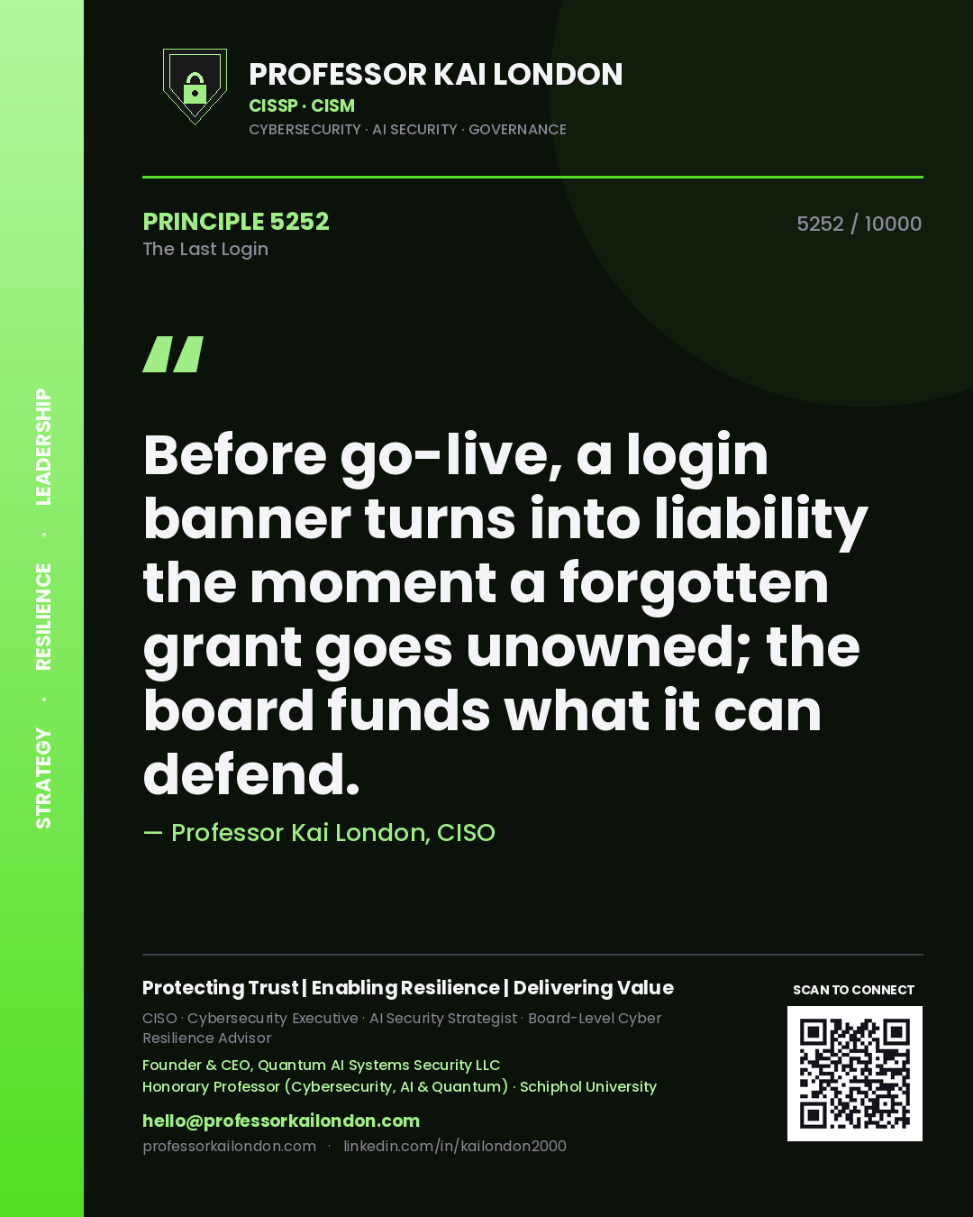 Quote card by Professor Kai London reading 'Before go-live, a login banner turns into liability the moment a forgotten grant goes unowned; the board funds what it can defend.'. From the book The Last Login.
