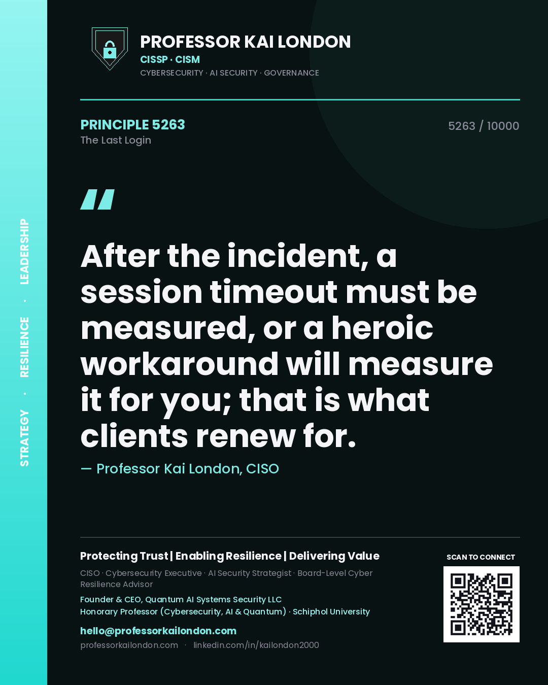 Professor Kai London principle 5263: After the incident, a session timeout must be measured, or a heroic workaround will measure it for you; that is what clients renew for.