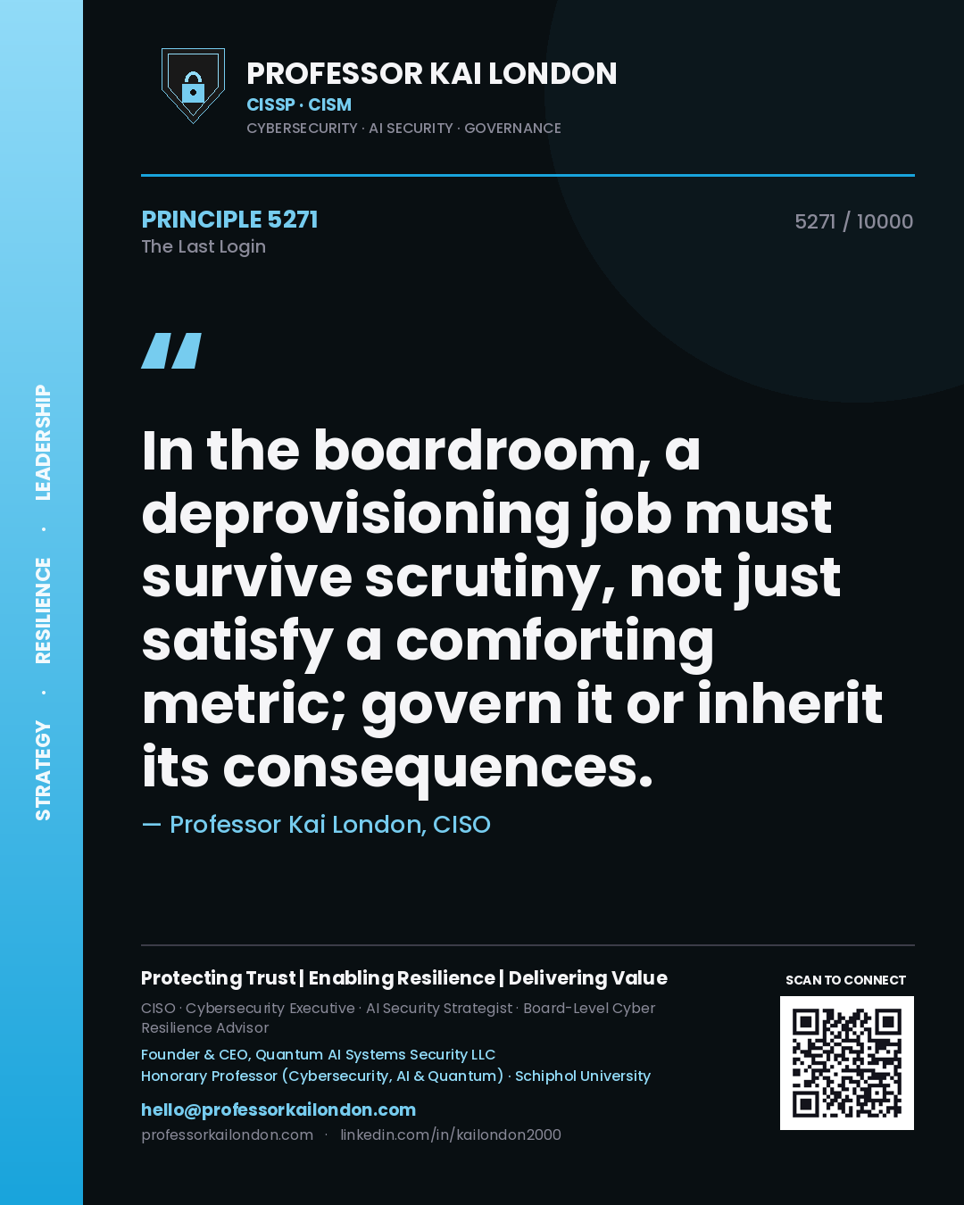 Quote card by Professor Kai London reading 'In the boardroom, a deprovisioning job must survive scrutiny, not just satisfy a comforting metric; govern it or inherit its consequences.'. From the book The Last Login.