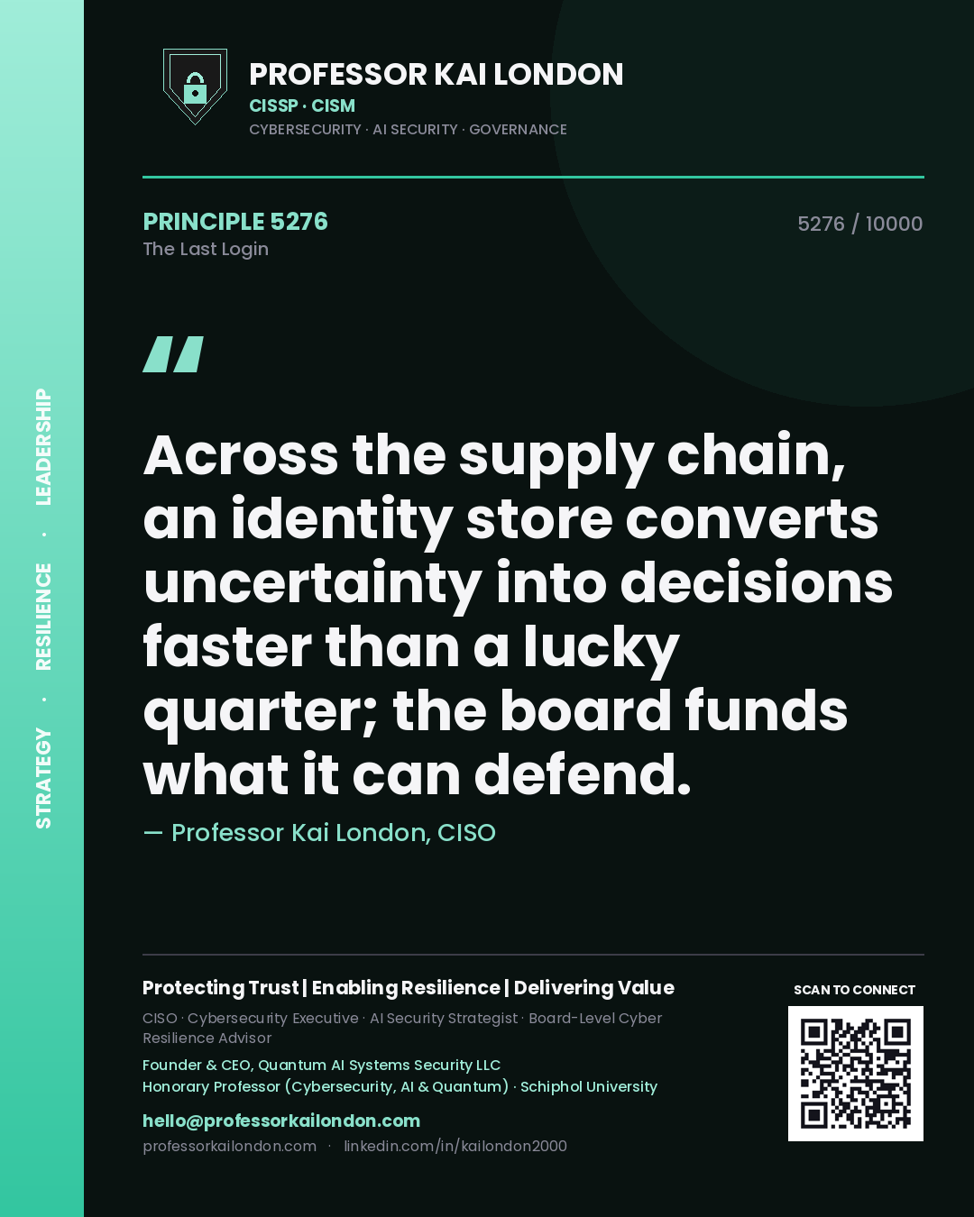 Professor Kai London principle 5276: Across the supply chain, an identity store converts uncertainty into decisions faster than a lucky quarter; the board funds what it can defend.