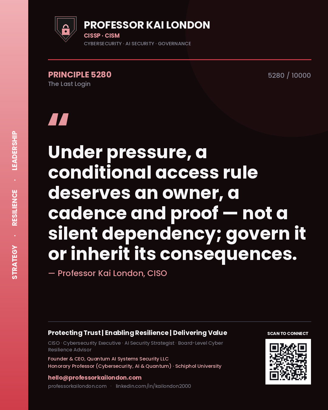 Professor Kai London principle 5280: Under pressure, a conditional access rule deserves an owner, a cadence and proof — not a silent dependency; govern it or inherit its consequences.