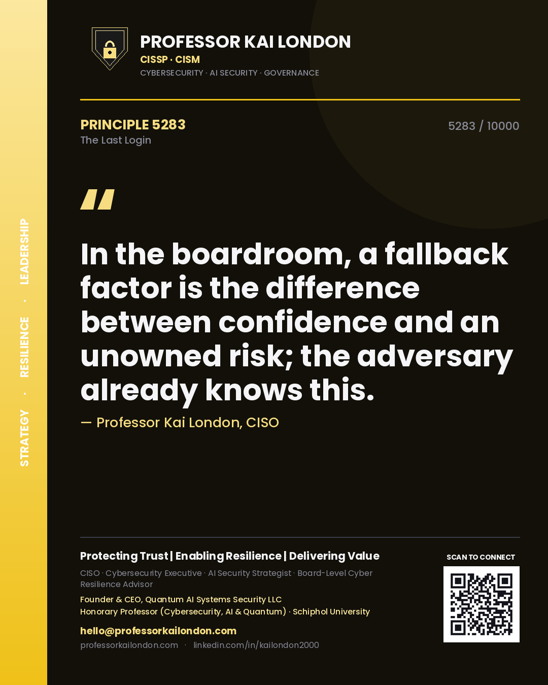 Professor Kai London principle 5283: In the boardroom, a fallback factor is the difference between confidence and an unowned risk; the adversary already knows this.