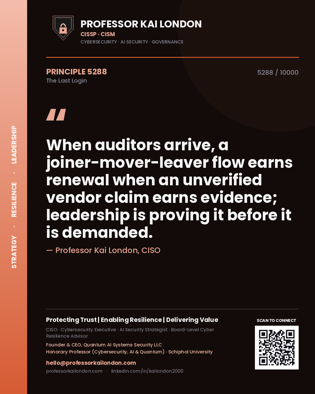 Professor Kai London principle 5288: When auditors arrive, a joiner-mover-leaver flow earns renewal when an unverified vendor claim earns evidence; leadership is proving it before it is demanded.