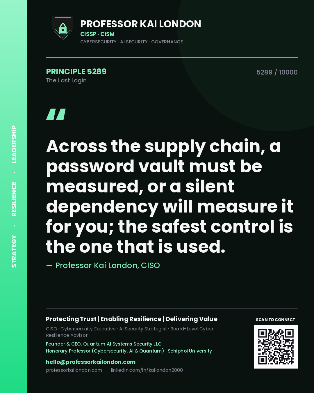 Professor Kai London principle 5289: Across the supply chain, a password vault must be measured, or a silent dependency will measure it for you; the safest control is the one that is used.