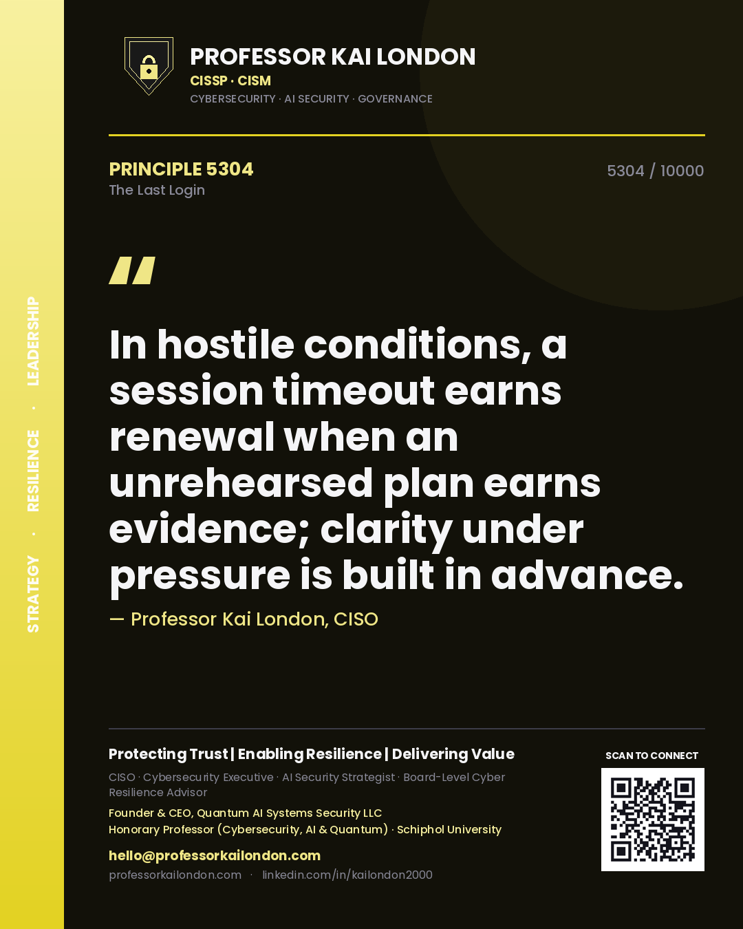 Quote card by Professor Kai London reading 'In hostile conditions, a session timeout earns renewal when an unrehearsed plan earns evidence; clarity under pressure is built in advance.'. From the book The Last Login.