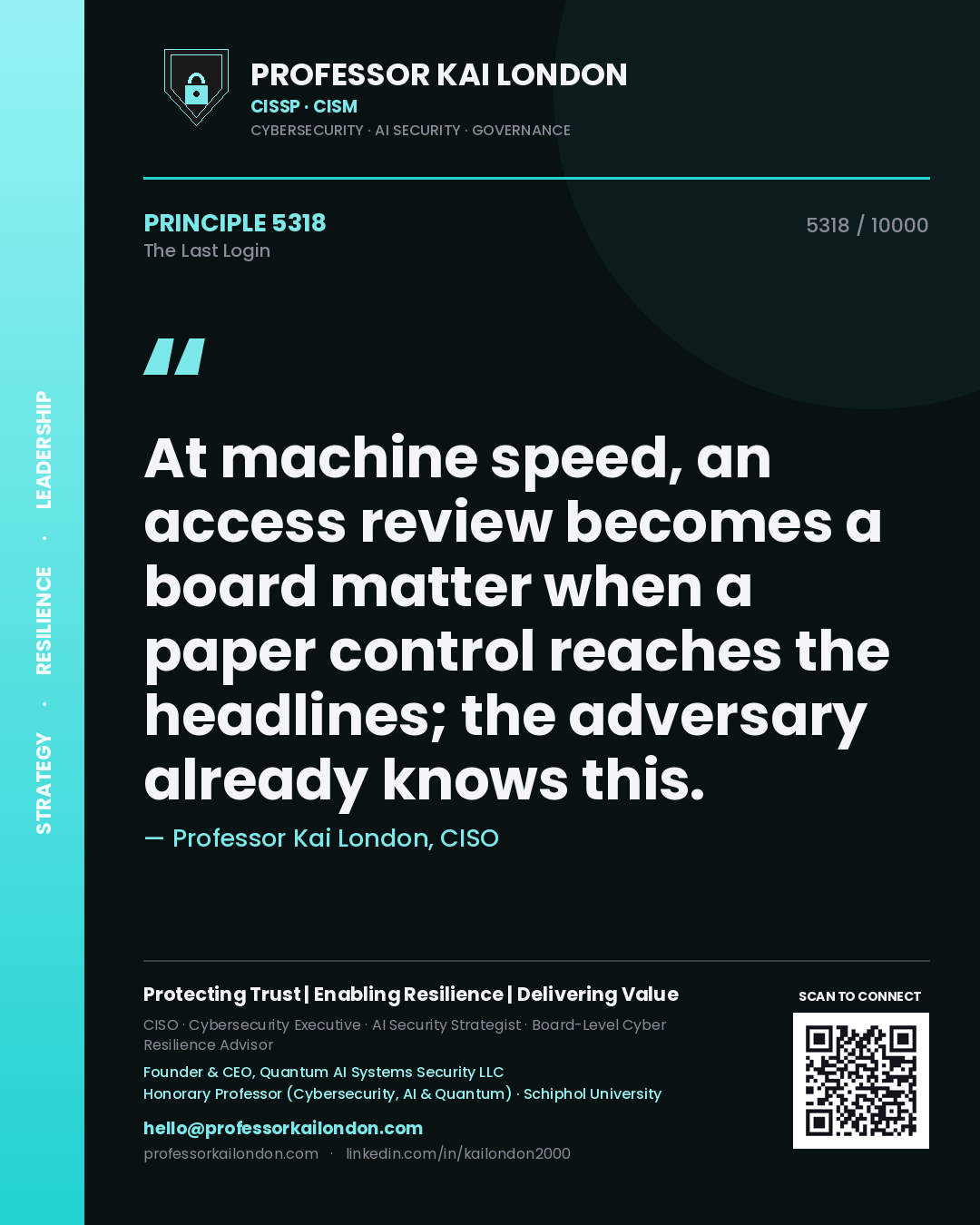 Professor Kai London principle 5318: At machine speed, an access review becomes a board matter when a paper control reaches the headlines; the adversary already knows this.