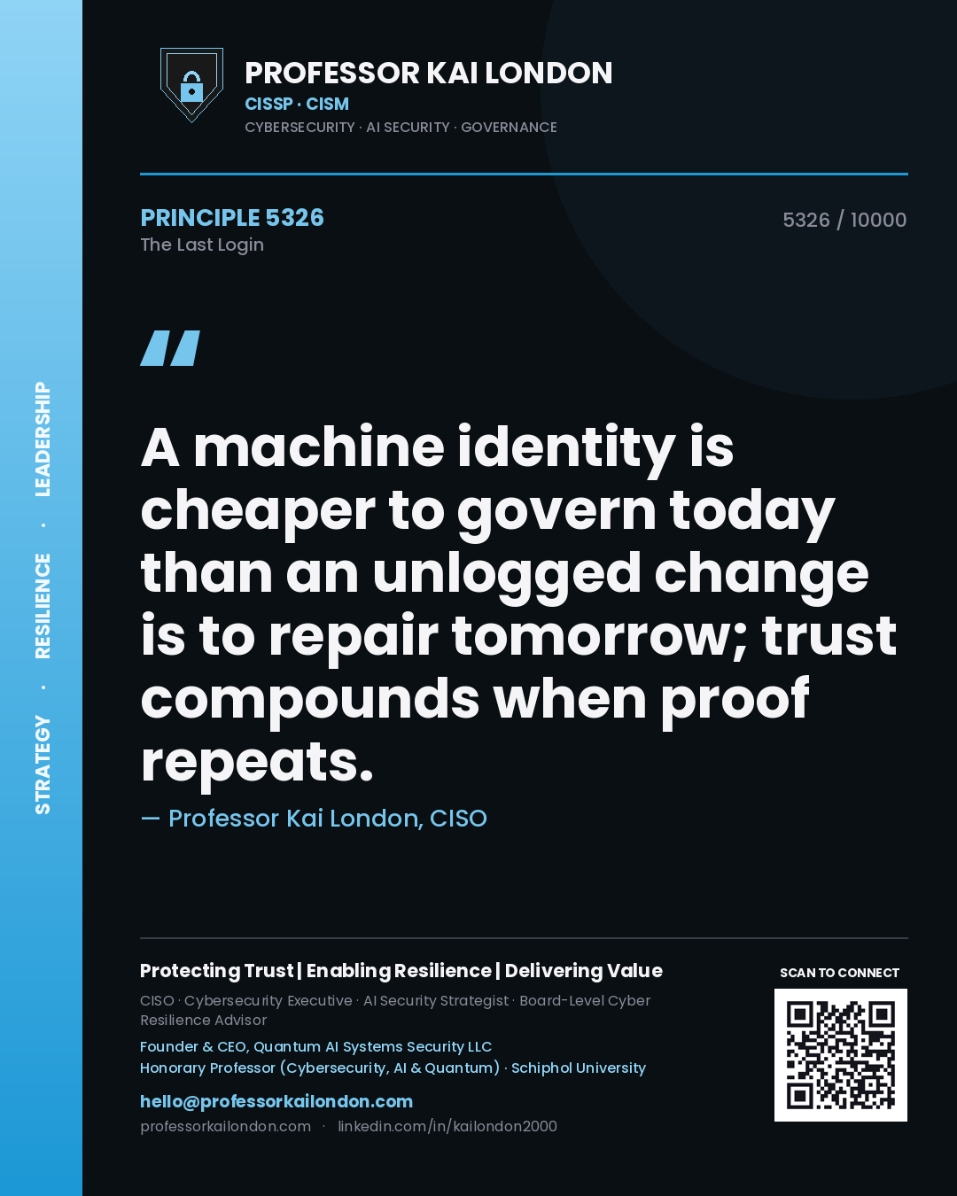 Quote card by Professor Kai London reading 'A machine identity is cheaper to govern today than an unlogged change is to repair tomorrow; trust compounds when proof repeats.'. From the book The Last Login.