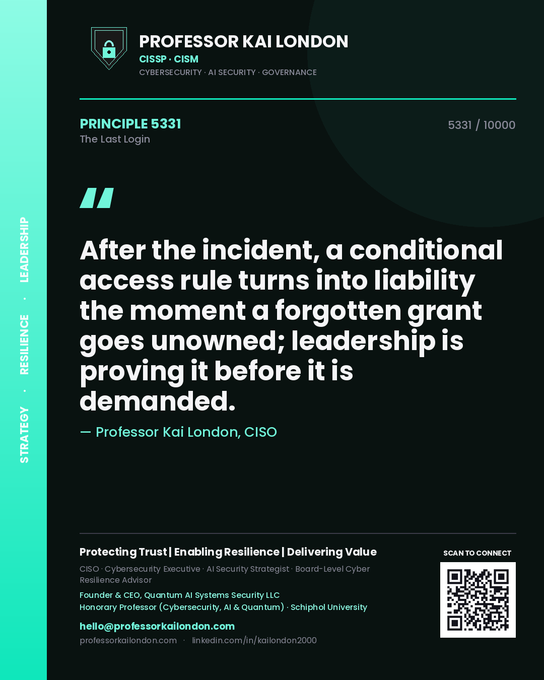 Quote card by Professor Kai London reading 'After the incident, a conditional access rule turns into liability the moment a forgotten grant goes unowned; leadership is proving it before it is demanded.'. From the book The Last Login.